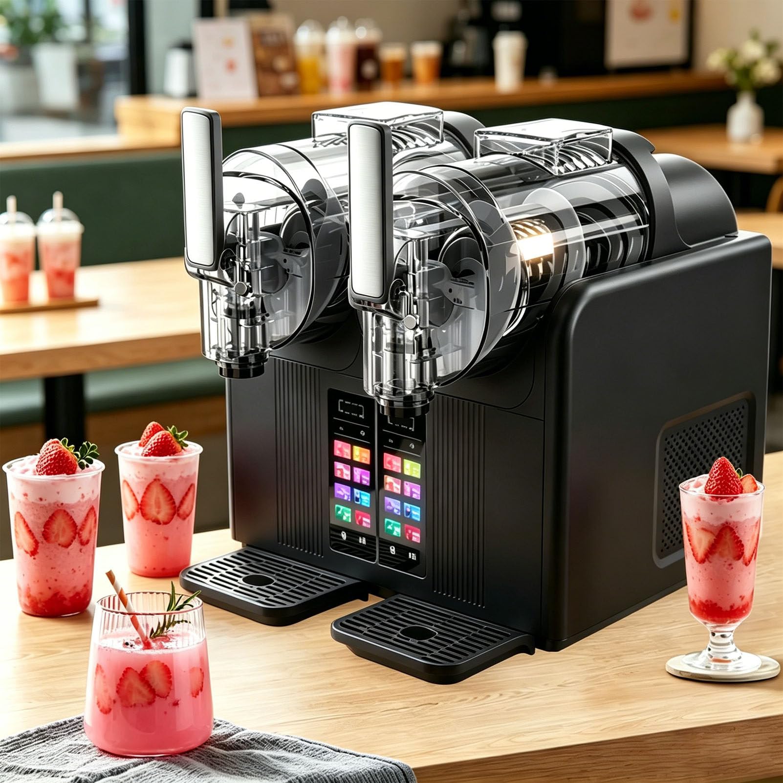 Pfps Commercial Slushy Machine, Double Bowl 2L Per Tank Slushy Maker, 7 Presets, No Ice Needed Chilled Drink Maker for Smoothies Desserts Black