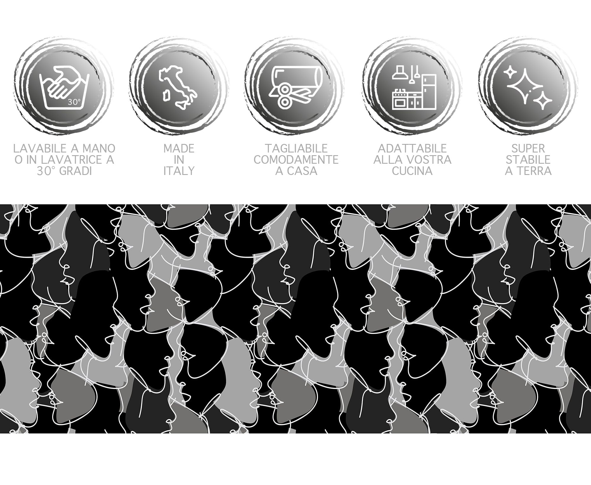 GLHOME Idee per la casa GL Home Tappeto Cucina Antiscivolo Made in Italy Passatoia Antimacchia Multiuso Corridoio Soggiorno Lavabile in Lavatrice - Face Nero - 50x300 cm