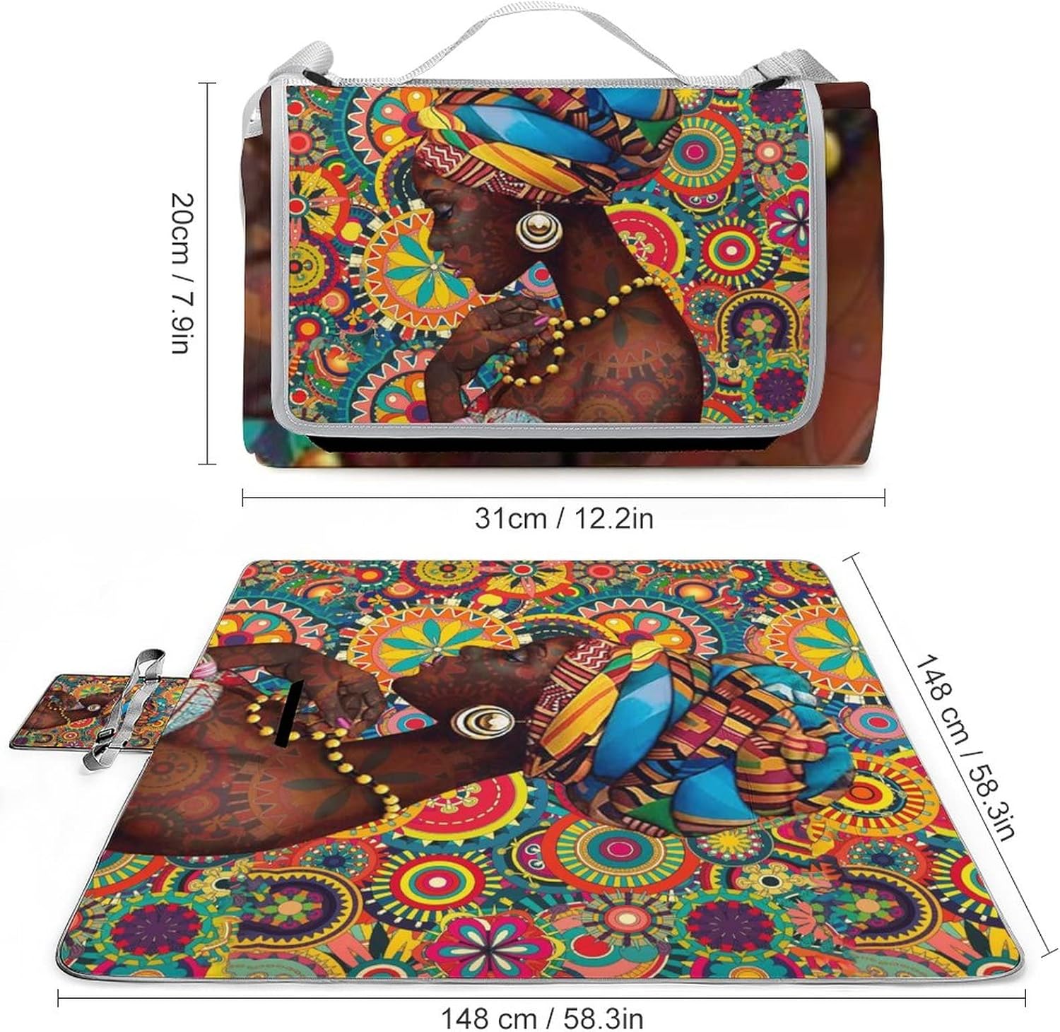 African American Women Portable Picnic Mat Colorful Boho Black Art Girl Afro Aztec Girls for Portable Outdoor Blanket for Travel Camping 58.3x58.3 Inch