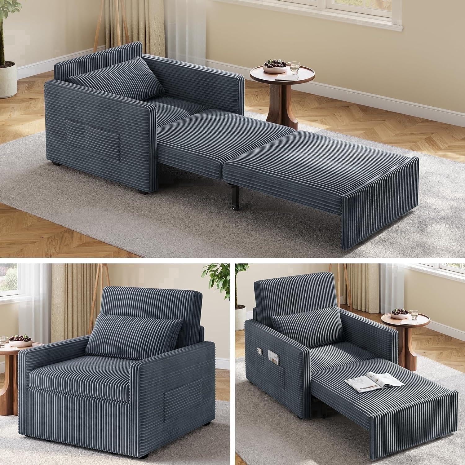 Corduroy Convertible Futon Sofa Chair with Pull-Out Bed, Gray, Modern Style with Side Pocket