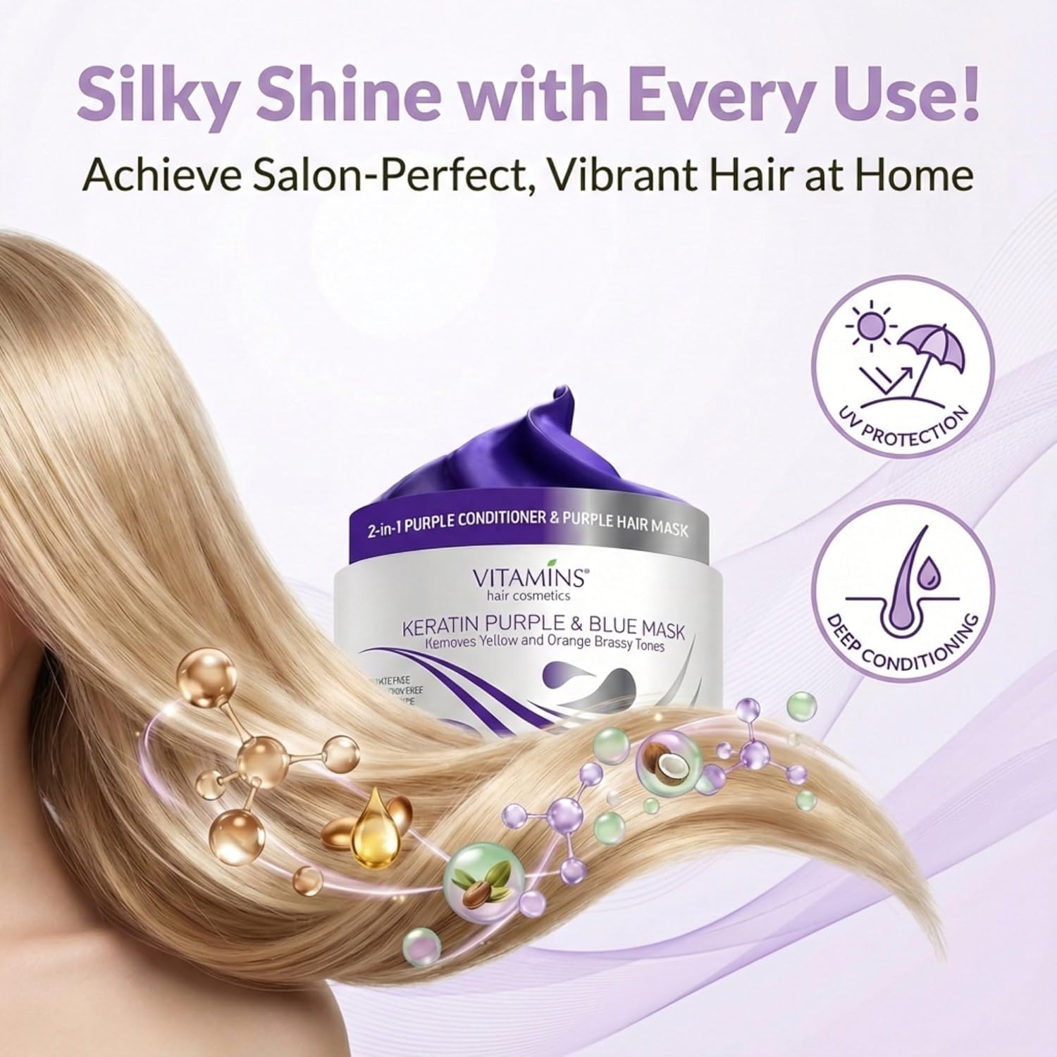 VITAMINS hair cosmetics Keratin Purple Hair Mask - Blue Hair Mask Deep Conditioner Treatment - Blonde Toner to Neutralize Brassiness in Brassy Blonde, Silver, White, Gray & Brown Locks - Image 3