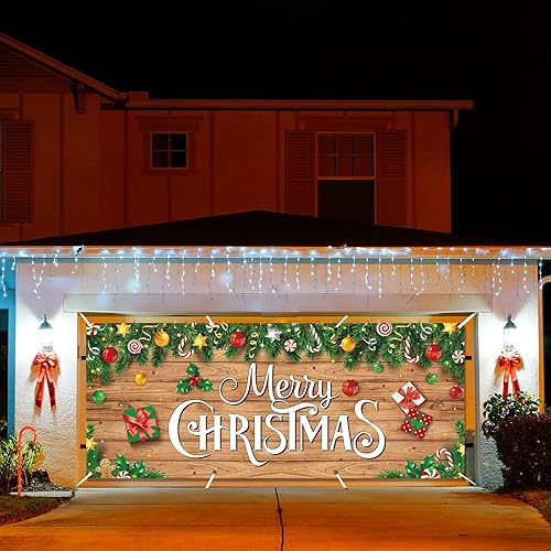 Miniatura 6 de Hosuly Pancarta doble de 6.6 x 16 pies para puerta de garaje de Navidad, decoración de telón de fondo colgante de Feliz Navidad, para interiores y