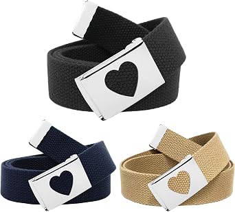 Girls 1.25" Wide Heart Silver Flip Top Belt Buckle with Canvas Web Belt