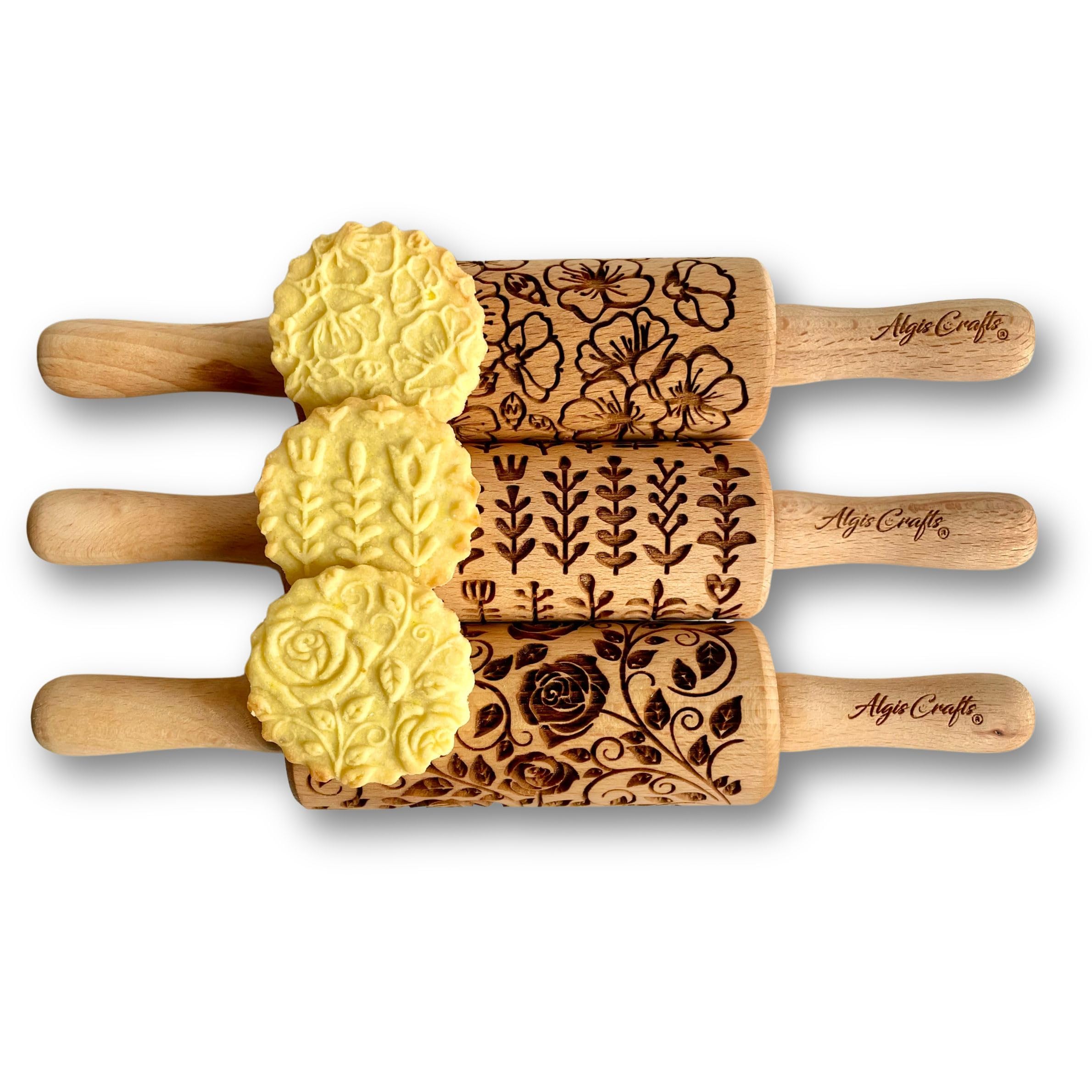 3 Mini Size Embossed Rolling Pin Set - GARDEN BLOSSOMS. Wooden Laser Engraved Embossing Dough Roller for Embossed Cookies. Gift for Birthday, Easter, Christmas by Algis Crafts — image 1