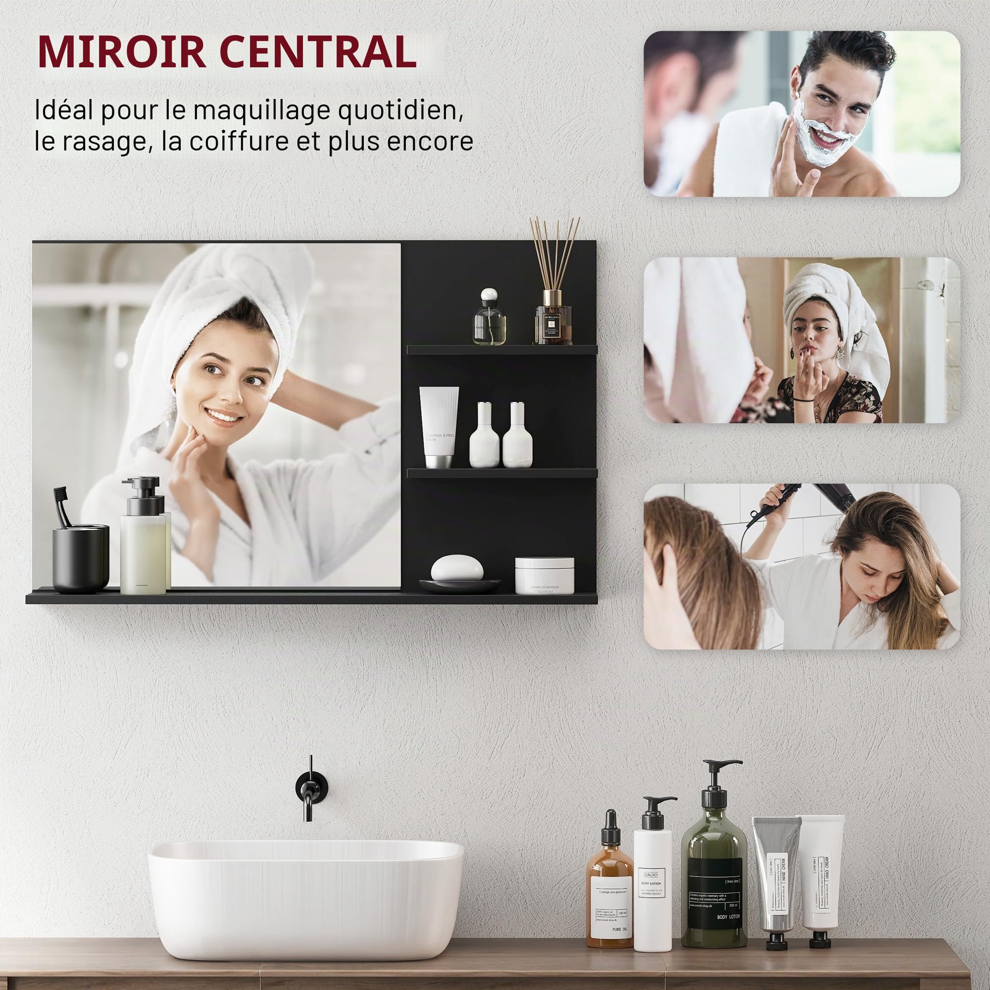 kleankin Miroir de Salle de Bain Moderne avec 2 étagères latérales et Une étagère inférieure, Miroir Mural en MDF et Verre, 75x10x48 cm, Noir