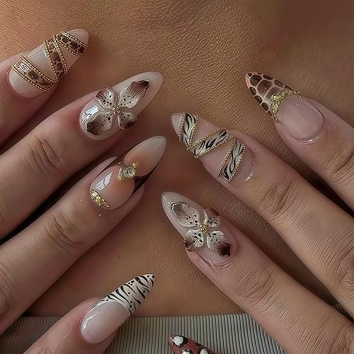 24Pcs Leopard Print French Tip Press on Nails Medium Almond