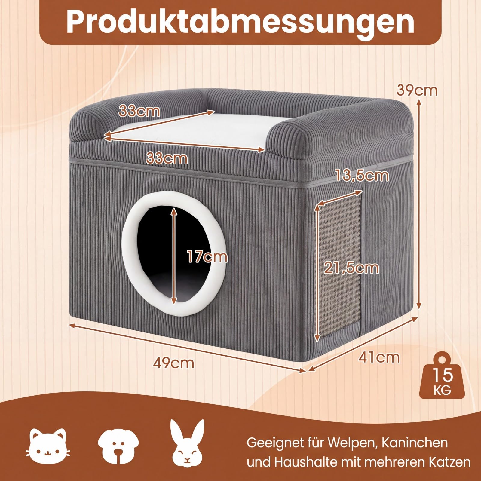 COSTWAY Katzenhaus faltbar, Katzenhöhle mit Sisal-Kratzmatte, weiches Kissen, erhöhten Kanten & Rutschfester Boden, Katzenbett für 2 Katzen, Indoor, bis 15 kg, Cordstoff, 49 x 41 x 39 cm (Grau)