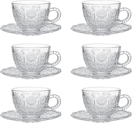 Juego de 6 tazas de té y platillos de vidrio, tazas de café vintage con cuchara de acero inoxidable, aptas para lavavajillas y microondas, para jugo