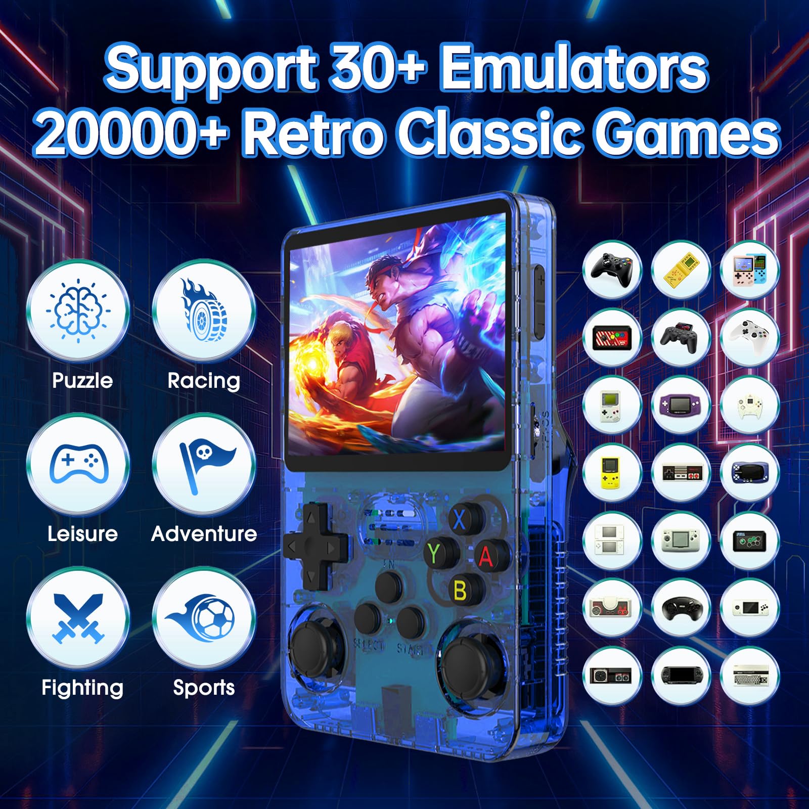 Febotak R36S - Console da gioco retrò portatile con schermo IPS da 3,5", 128 GB di memoria, oltre 40.000 giochi, basato su LINXU Open Source ARKOS, batteria da 3500 mAh (Blu scuro)