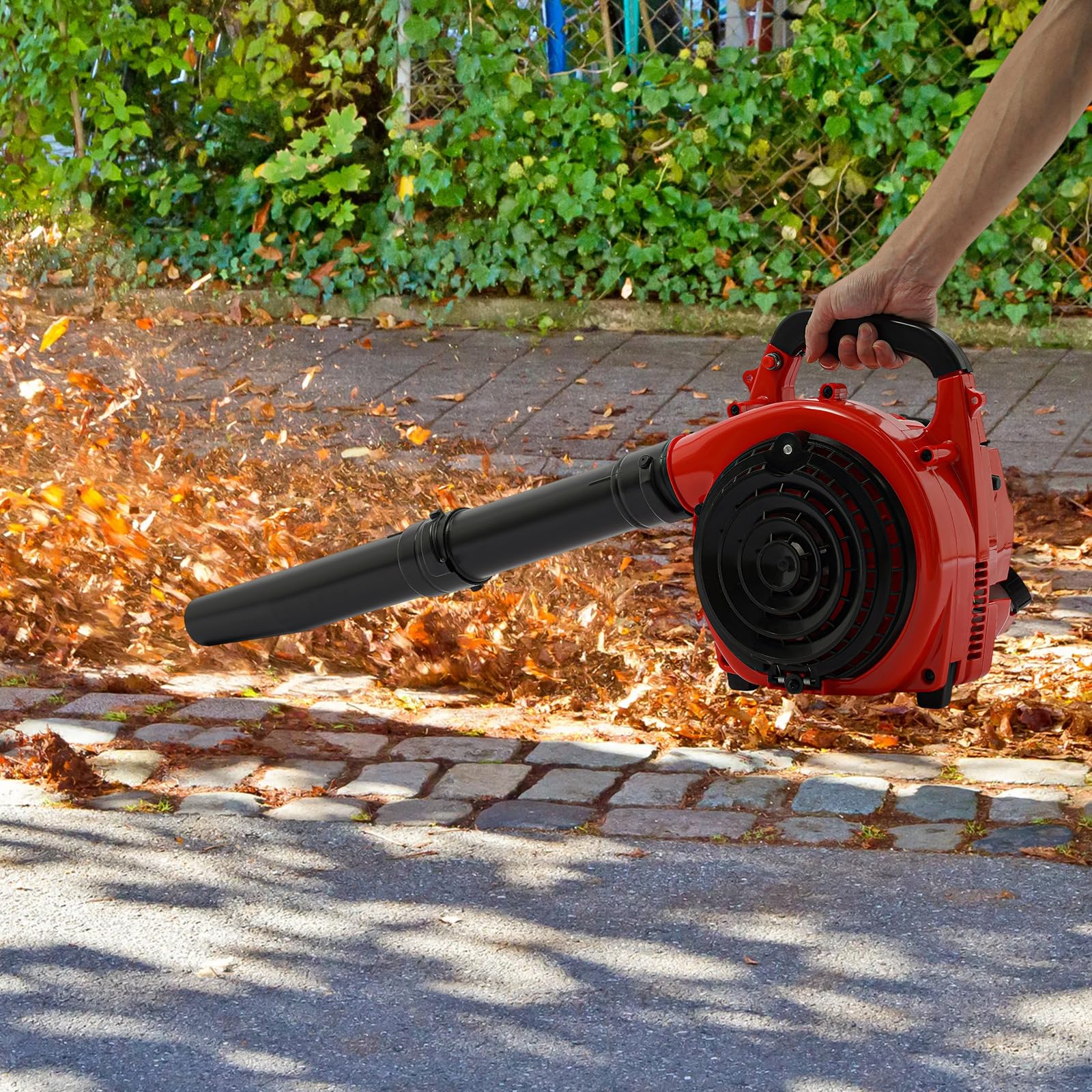 0.75KW Laubbläser mit Auffangsack, 25.4cc,Luftgekühlt,Zweitakt,7500r/min Gasbetrieben Akku-Laubbläser Kit,3-in-1 kabelloser Benzin-Laubsauger & Mulcher Laubsauger für Rasenpflege(Schwarz + Rot)