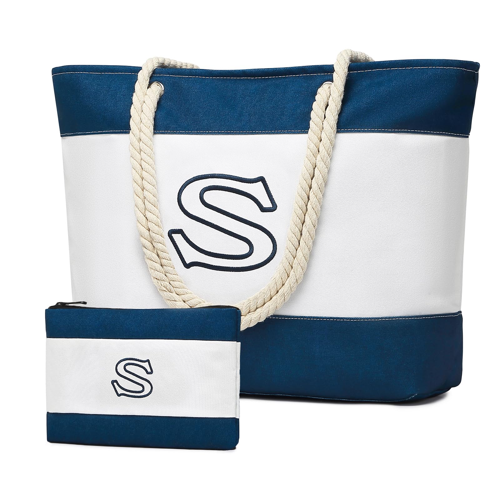 BECOKAN INITIAL BEACH BAG WATERPROOF CANVAS BEACH TOTE BAG ZIPPER