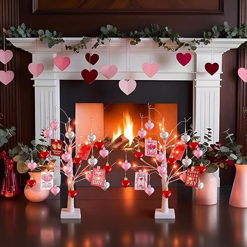 Miniatura 6 de 2 piezas de árbol de mesa de flores de bayas artificiales iluminadas de San Valentín de 21 pulgadas de alto, árbol de mesa brillante para decoración