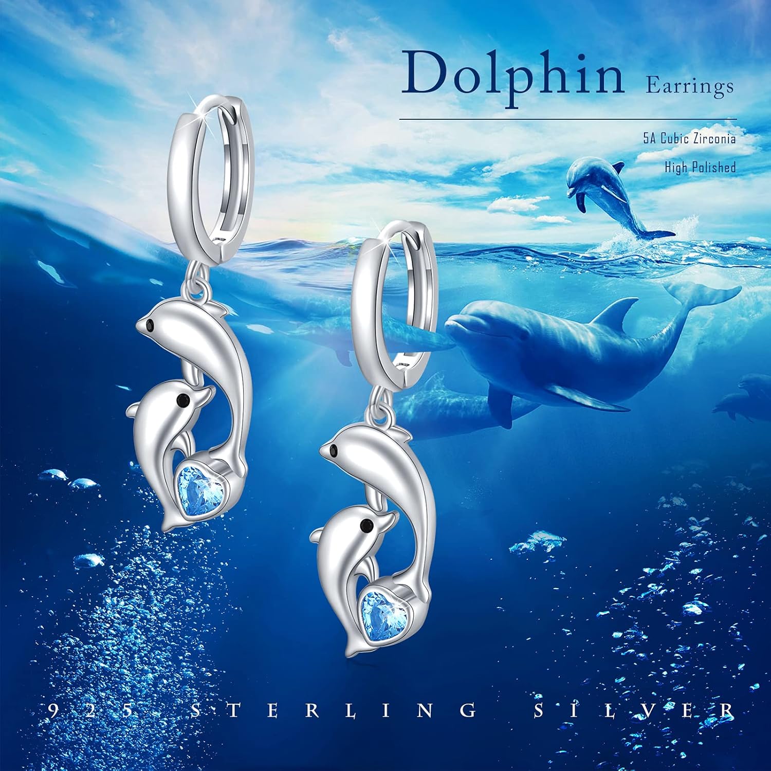 Dolphin Earrings for Women, Sterling Silver with Blue Heart Shaped Crystals Circle Hoop Earrings Ocean Nautical Cute Animal Sailor Drop Earrings for Sensitive Ears Jewelry for Best Friend - Image 6