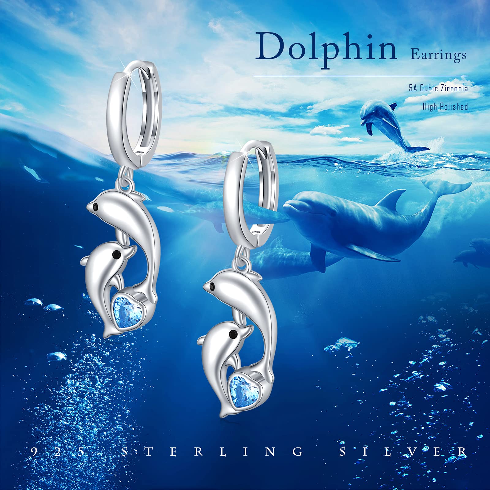REDSUN Boucles d'oreilles créoles dauphin pour femme en argent sterling 925 avec zircons bleus - Pendentif dauphin - Bijou de Noël pour mère, femme, fille