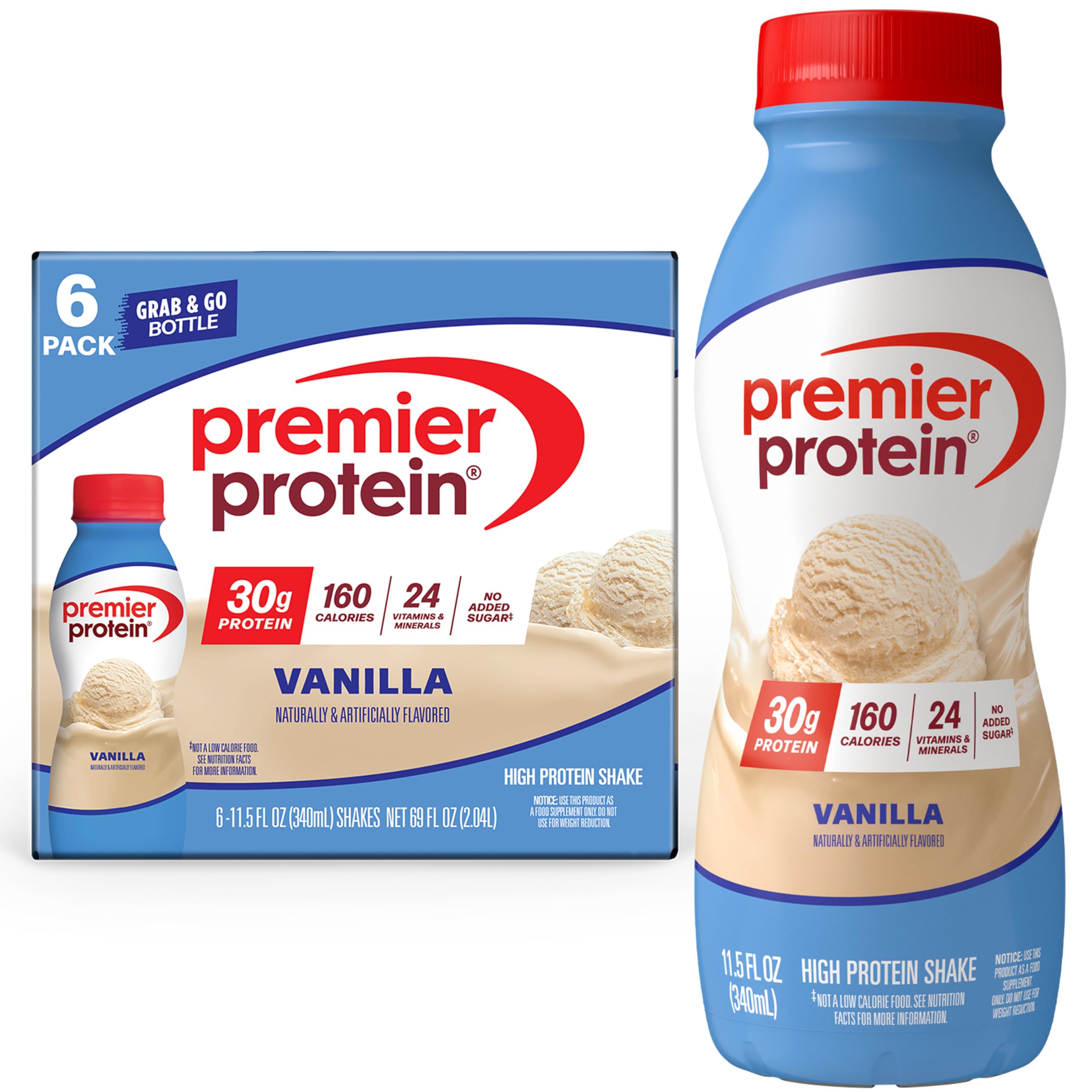 Premier Protein Shake, Vanilla, 30g Protein, No Added Sugar, 24 Vitamins & Minerals to Support Immune Health, 11.5 fl oz, 6 Pack (Packaging May Vary)