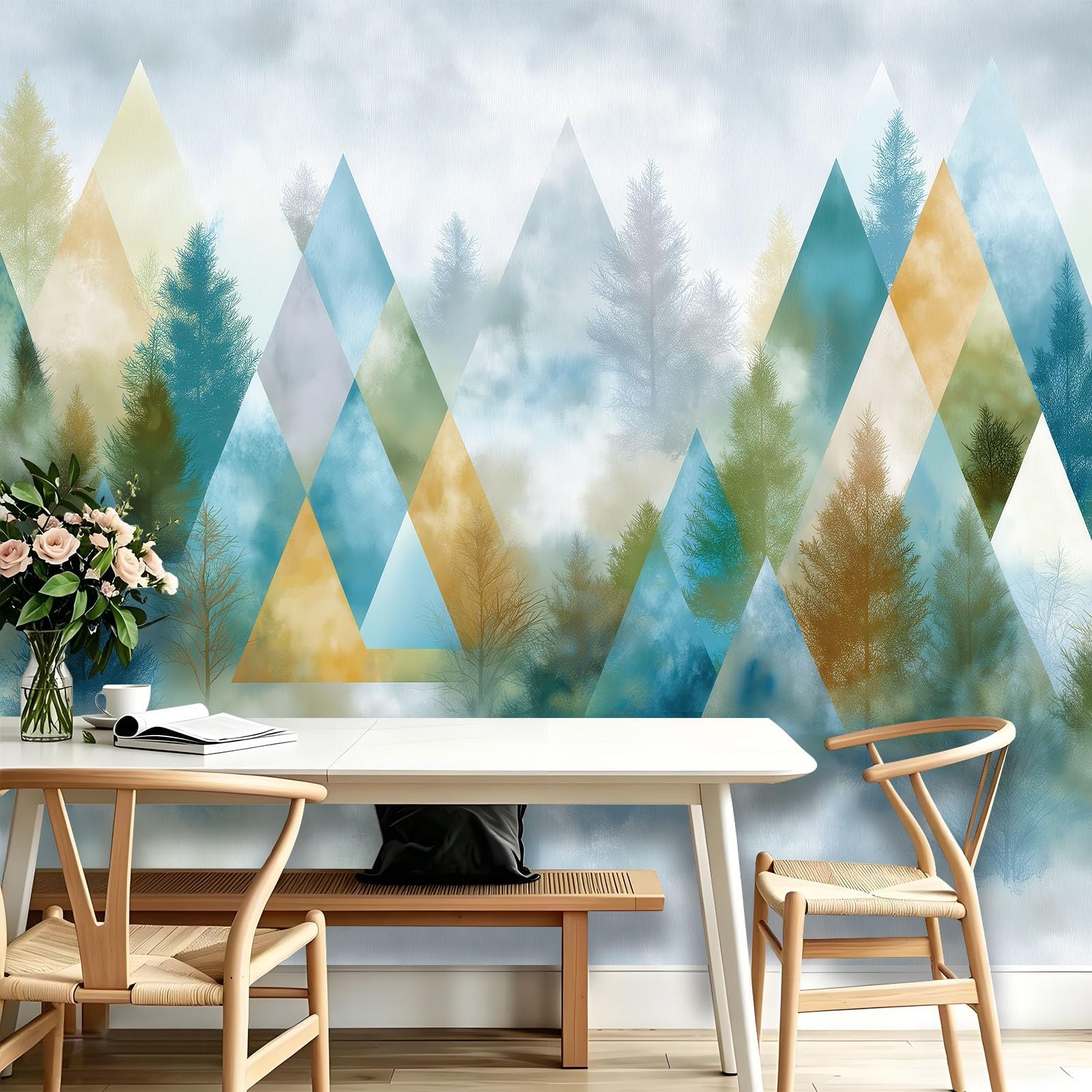 Générique Trójkątna tapeta las mgła gruba 350 x 256 cm plakat na ścianę olbrzymi 3D, skandynawski minimalistyczny ścienny, tapeta z włókniny freskowej do salonu, sypialni i kuchni