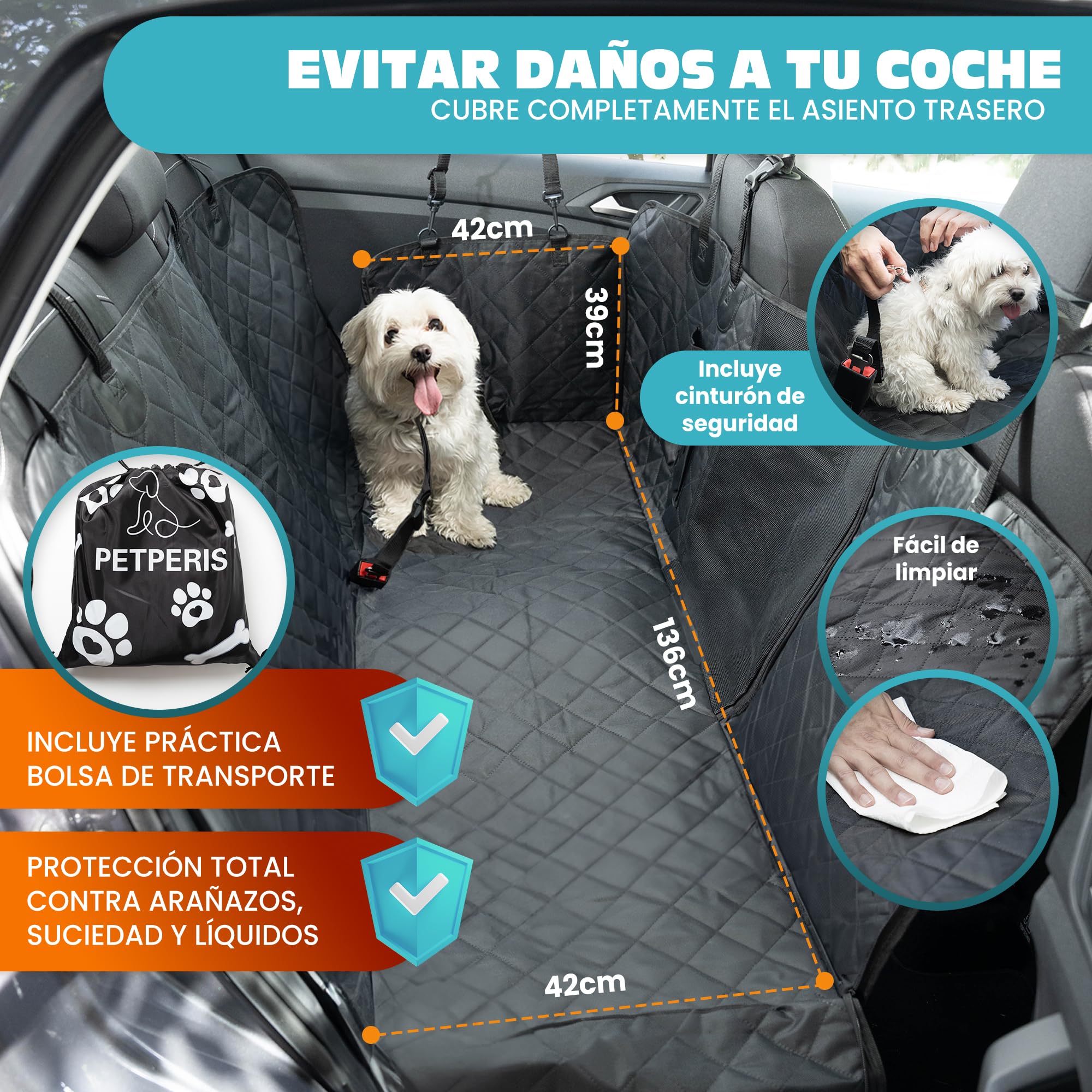 Funda Coche Perro Impermeable Protector Asiento Trasero para Perros Antideslizante, Universal, Lavable y Resistente Funda Asiento Coche Rejilla Mascota Incluye cinturón+Bolsa
