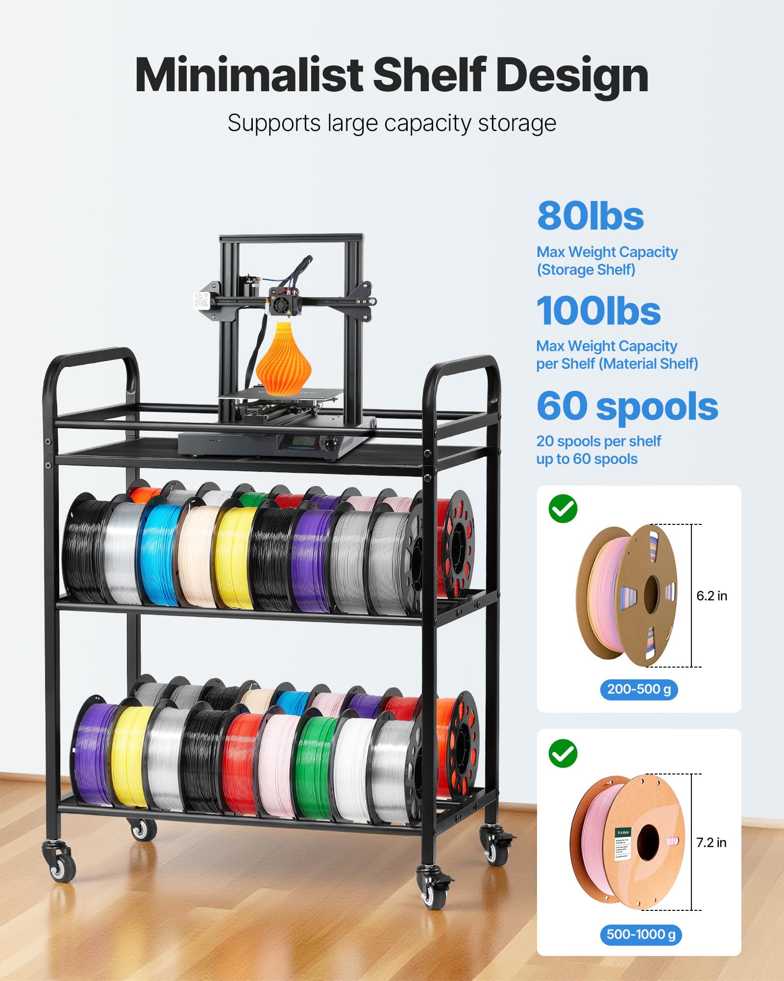 VEVOR Supporto di Stoccaggio per Filamenti 3D da 680 x 400 x 880 mm Ripiano per Filamento per Stampante 3D a 3 Livelli con Ruote, Filamenti Organizzati per Ufficio e Officina, Nero