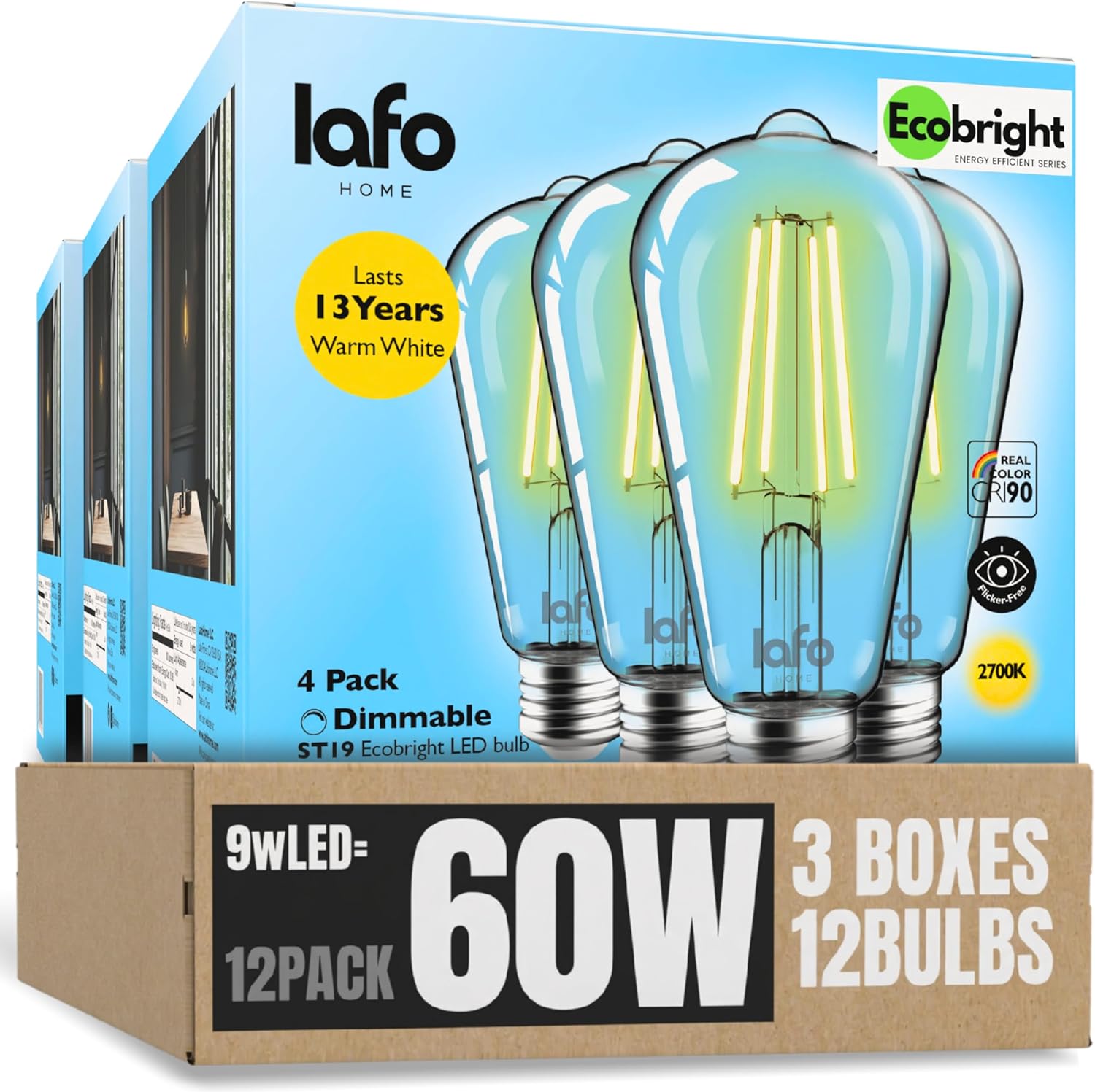 EcoBright ST19 ST64 LED Edison Bulbs Dimmable Filament Lights 60W Equivalent 9W E26 Base 2700K Warm White CRI90 Flicker Free ETL and FCC Certified for Indoor Outdoor Lanterns 12 Pack