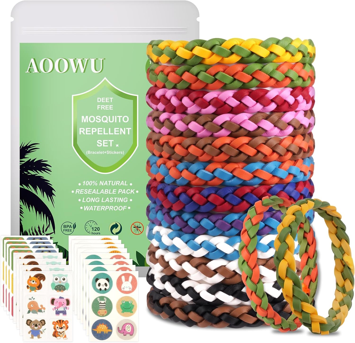 Pulseras Repelentes de Mosquitos, 12 PCAK Ajustables Cuero Pulseras con 72 PCS Parches de Citronela Antimosquitos, Repelente de Insectos Natural Acción Hasta 120H Dibujos Bebés, Niños y Adultos