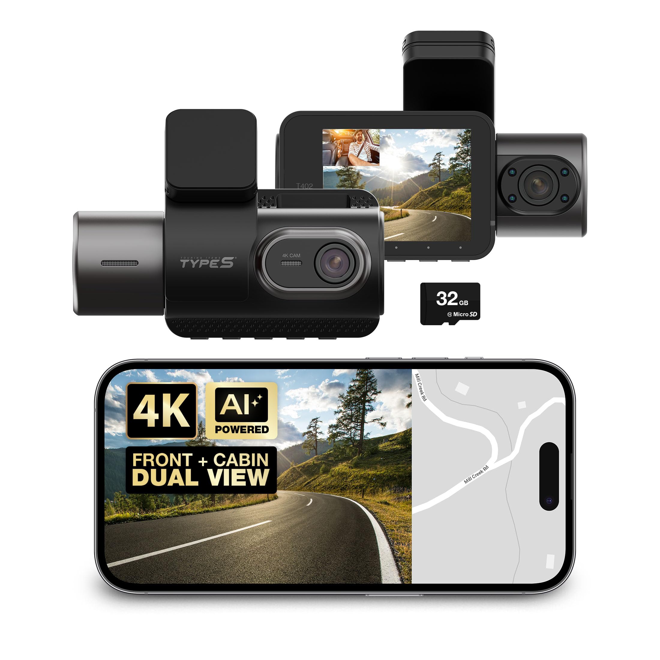 Type S T402 4K Dual View 2-Channel Dash Cam with Adaptive AI-Powered Driver Assistance and 1080p Interior Surveillance
