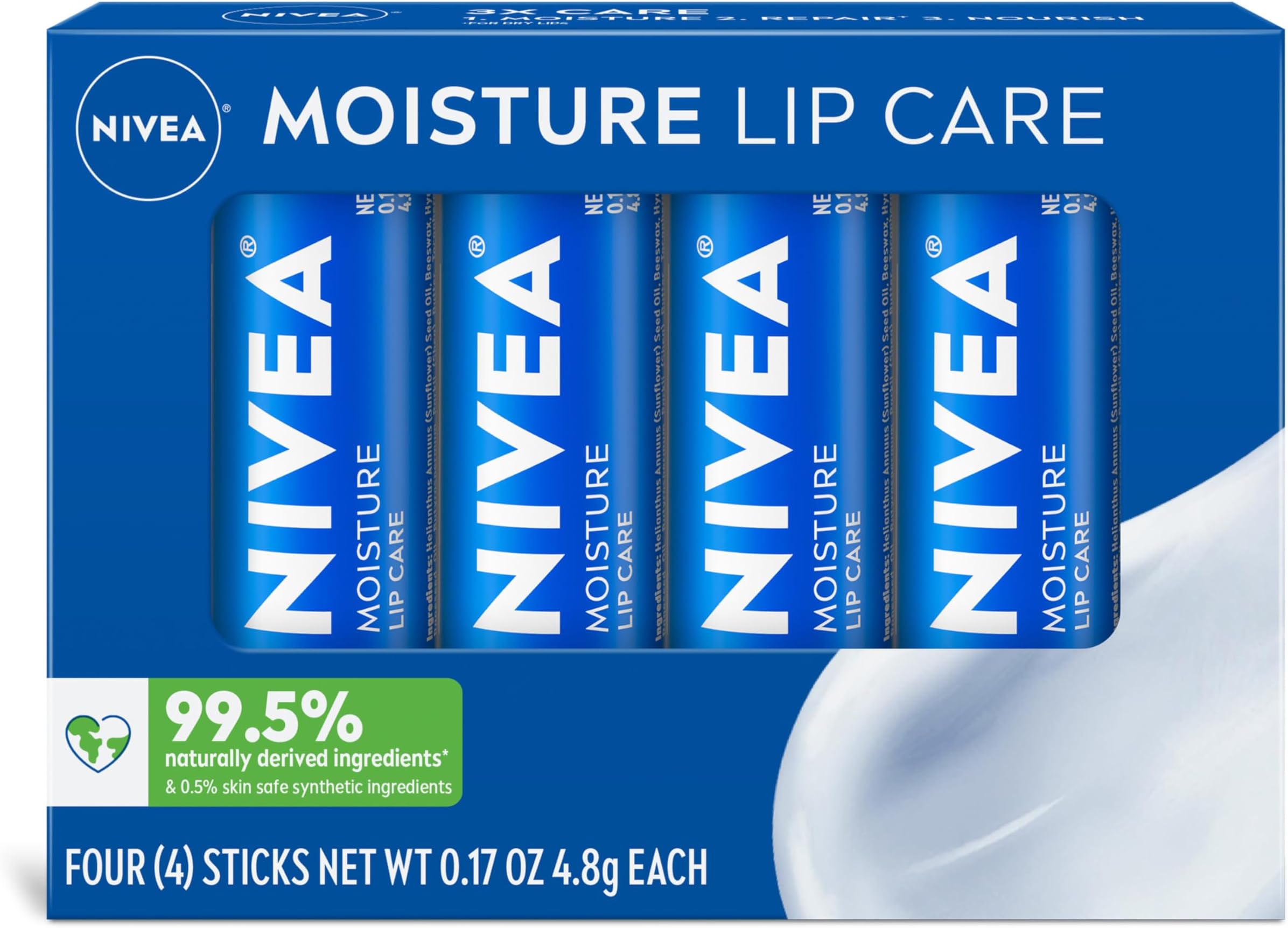 NIVEA Moisture Lip Care, Hydrating Lip Balm with Shea Butter, Nourishing Oils and Vitamin C & E, 3-in-1 Moisture, Repair and Nourish, 0.17 Oz Stick, Pack of 4