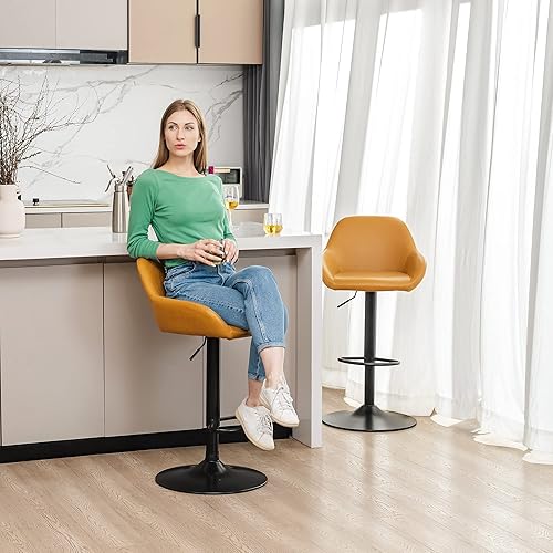 Miniatura 28 de Glitzhome Mid Century - Juego de 2 taburetes de bar ajustables de cuero giratorio vintage con respaldo y reposapiés, taburetes de bar modernos de