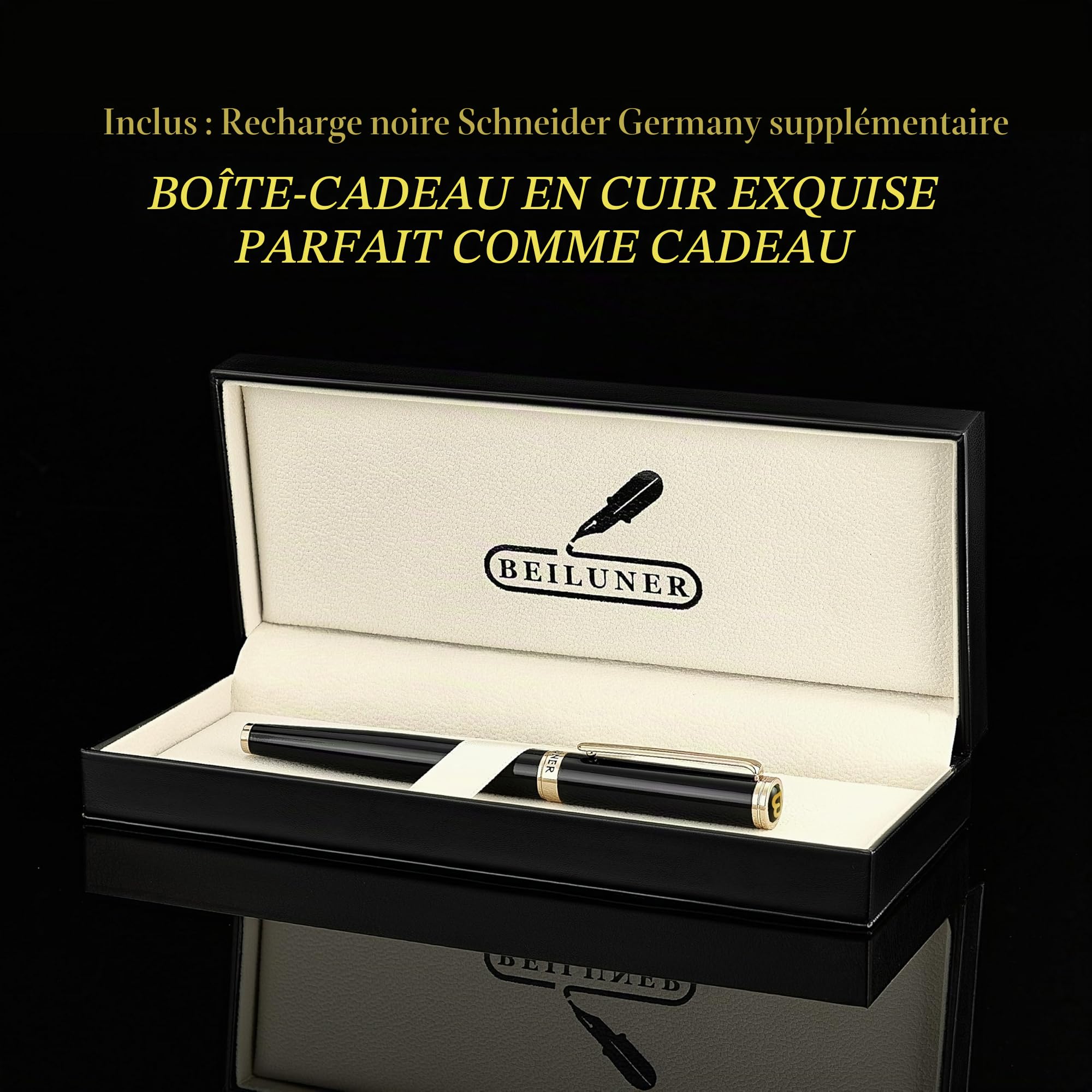 BEILUNER Stylo Bille Luxe, Finitions Or 24K, Design Noble et Élégant, Recharge Schneider, Set-Cadeau Hommes/Femmes, Professionnel, Bureau, Belle Stylo (Noir & Or)