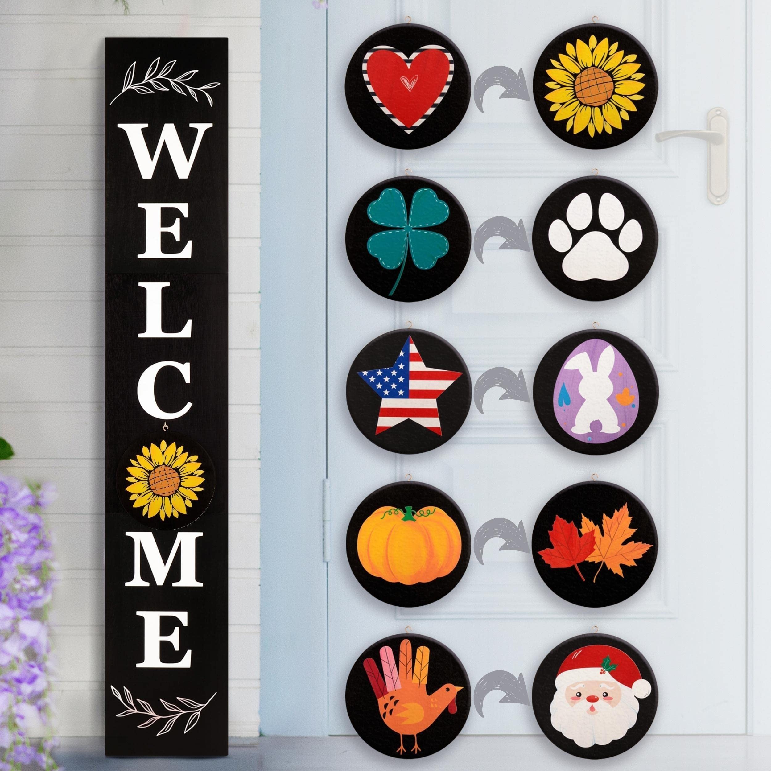 Photo 1 of Perfnique Interchangeable Welcome Sign for Front Porch Standing, 47 x 7.9 Inch Black Wooden Leaner Sign with 10 Interchangeable Designed Icons(5 double sided disks), Modern Farmhouse Rustic Seasonal Decor for Summer American Y‘all Fall Christmas