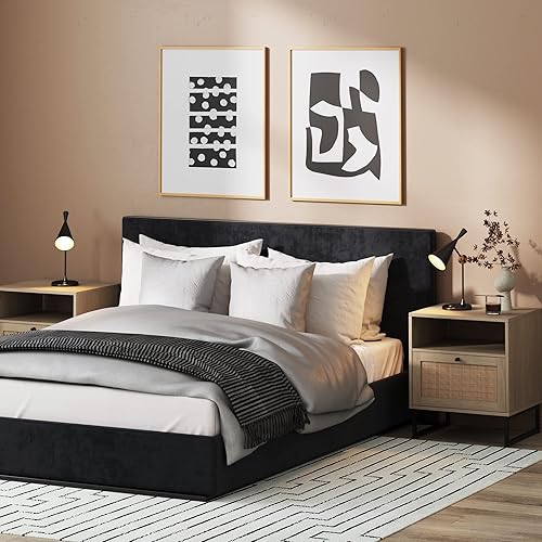 Miniatura 60 de Nathan James Mina Mesita de noche lateral de madera de ratán con almacenamiento para sala de estar o dormitorio, 1, roble/negro