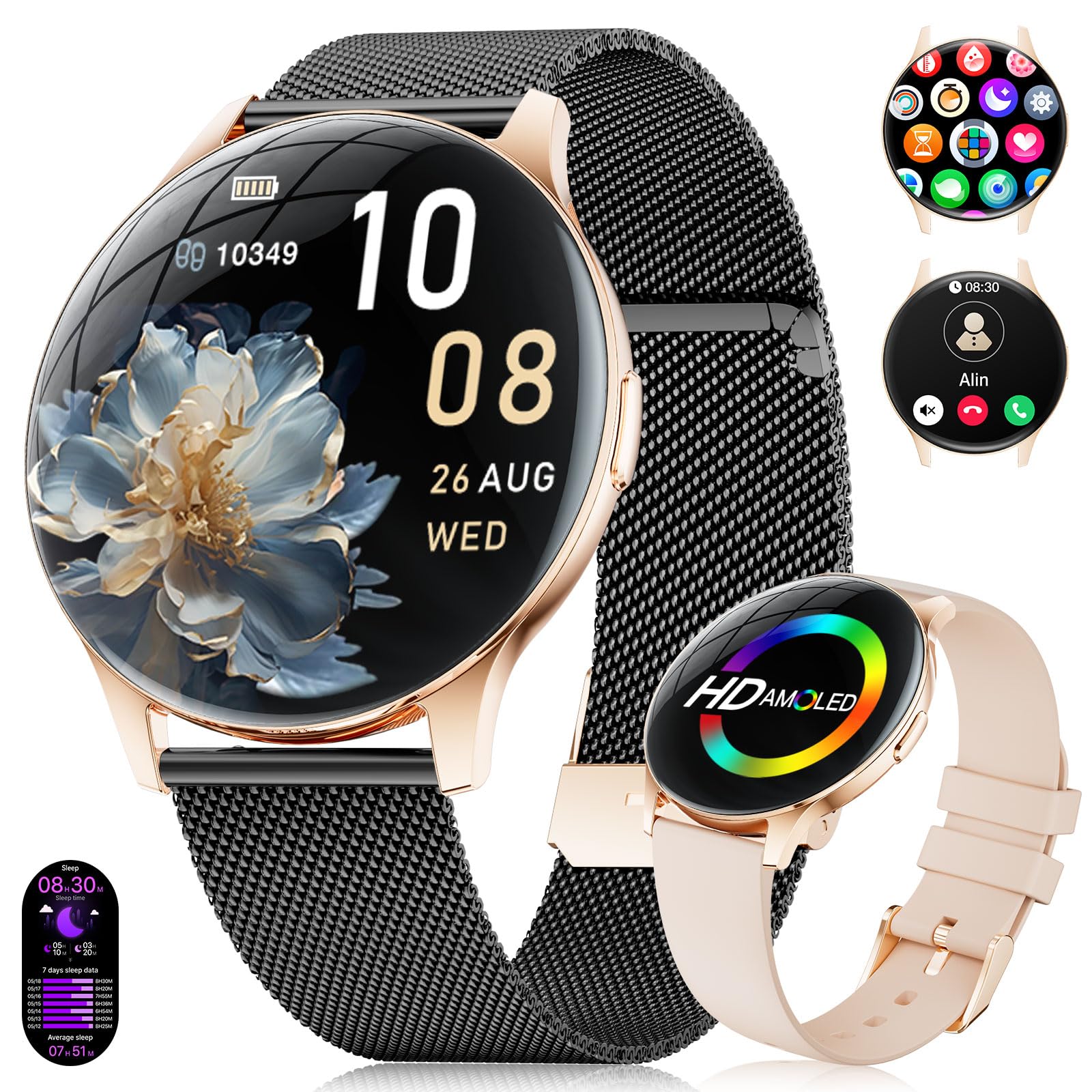 Smartwatch Damen 2026 mit Anrufen - 7,99 mm Ultra-Dünne Elegante Fitness Armbanduhr mit 1,43 Zoll HD Always-On Display, IP68 Wasserdicht, 100+ Sportmodi, Frauengesundheit für iOS Android