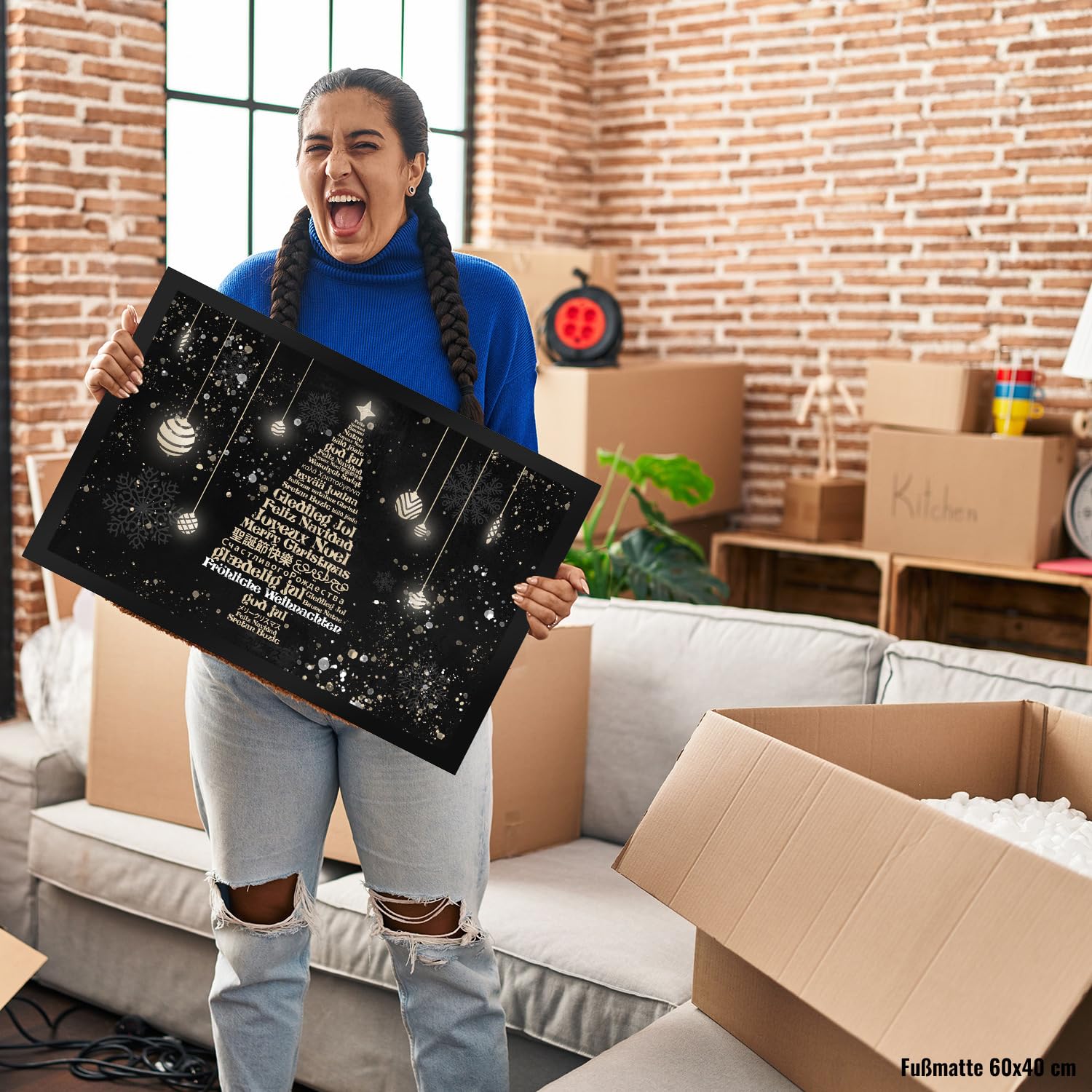 speecheese Fröhliche Weihnachten in verschiedenen Sprachen Fußmatte XXL in 50x75 cm als lustiges Geschenk für weltoffene Menschen die Allen Besuchern EIN frohes Weihnachtsfest wünschen