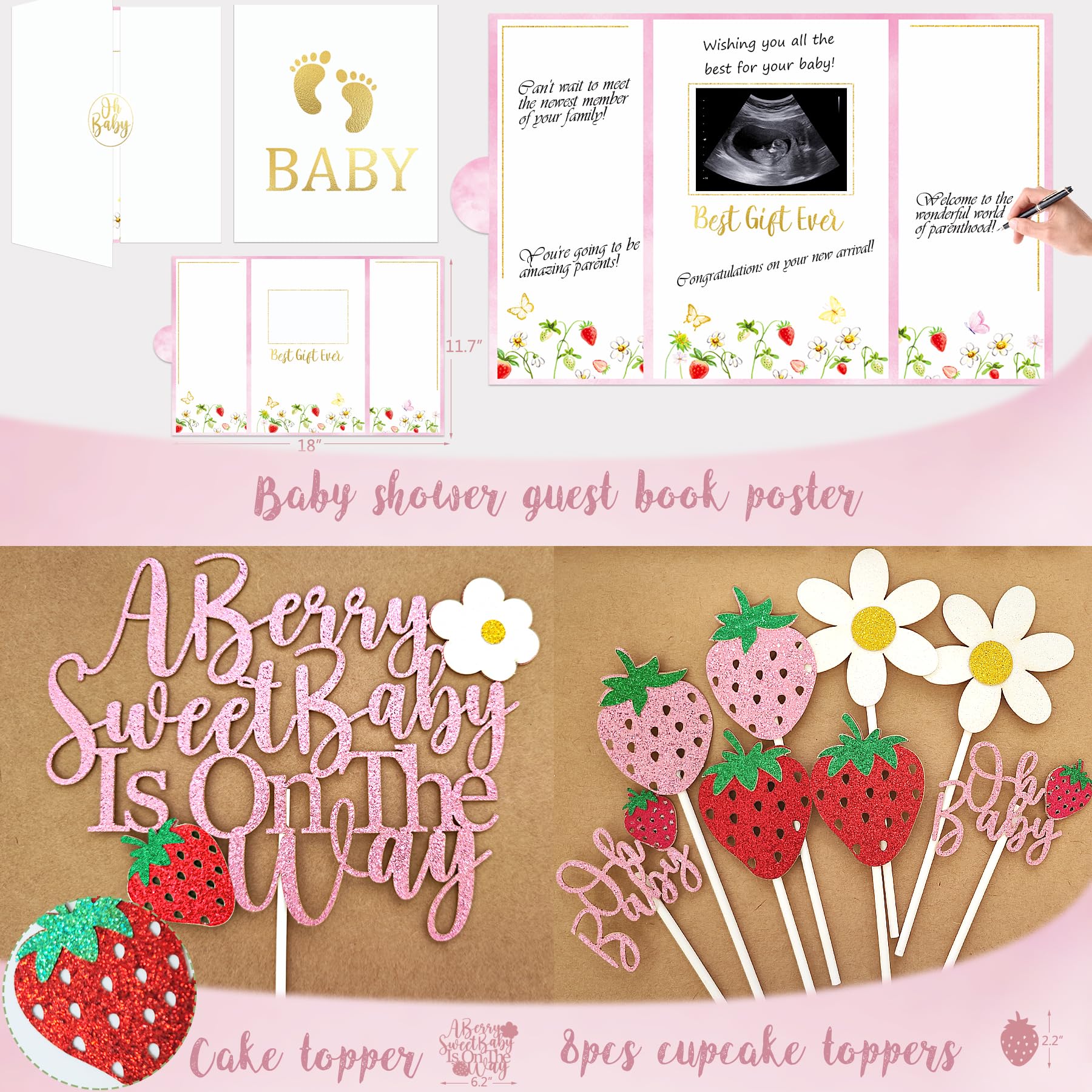 Strawberry Baby Shower Decorations, A Berry Sweet Baby Is On The Way Party Supplies, It's a Girl Gender Reveal, Backdrop Balloon Arch Box Mom to Be Sash Dad to Be Pin Tablecloths Cake Topper