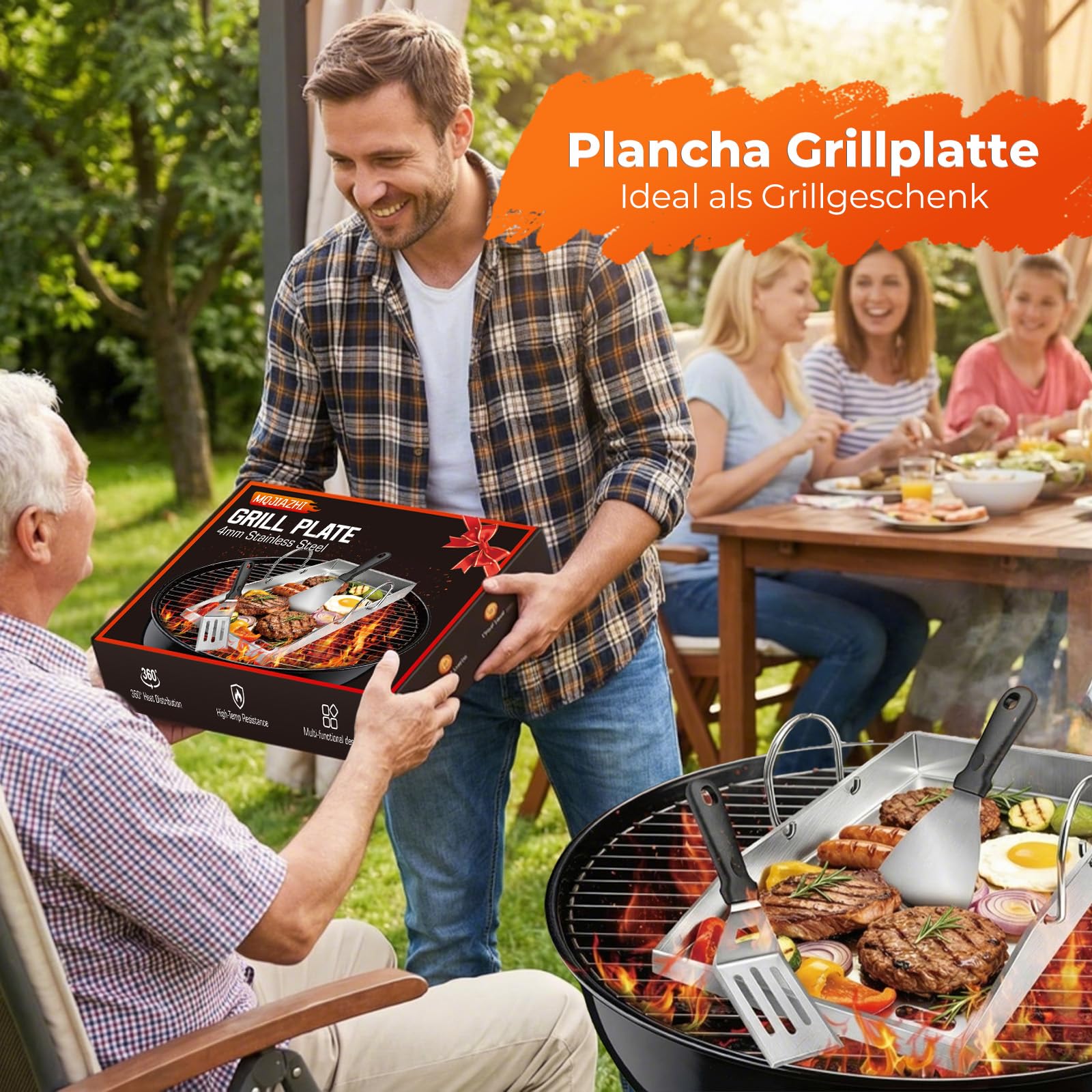 Plancha Grillplatte 40 x 30 cm mit Perforation, 4 mm Edelstahlplatte, hitzebeständig & verformungsfrei, geeignet für Burger, Gemüse, Fisch und Steak. Inklusive Grillspatel und abnehmbarem Griff.