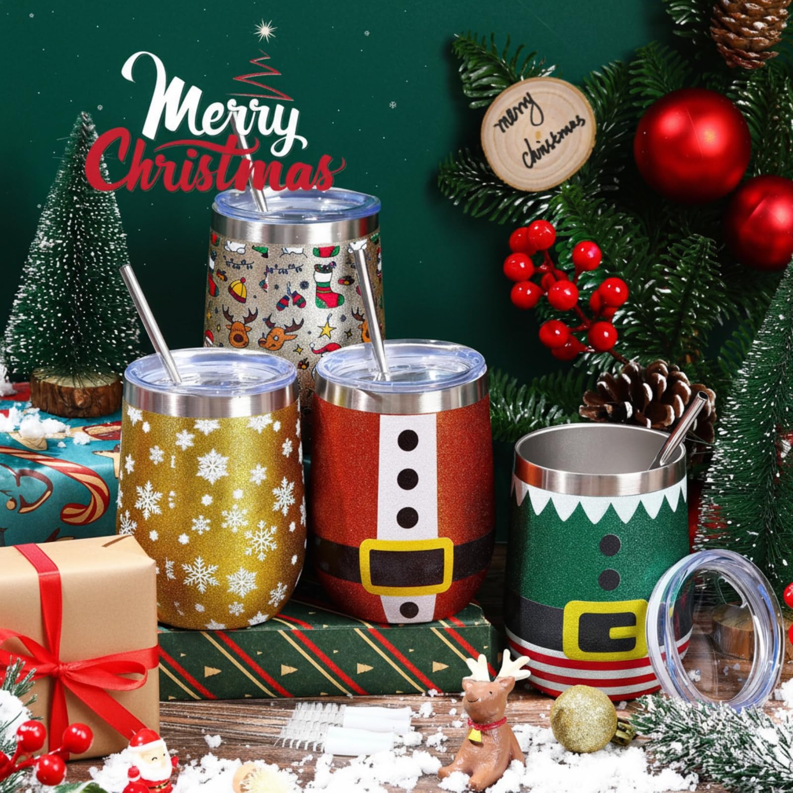 Sliner 4 Stück Weihnachts-Glitzer-Weingläser, 340 ml, Edelstahl, Glitzerbecher mit Deckel, Strohhalm und Bürste, isoliert, doppelwandig, Reisebecher für Weihnachten, Geschenk, Freunde, Familie