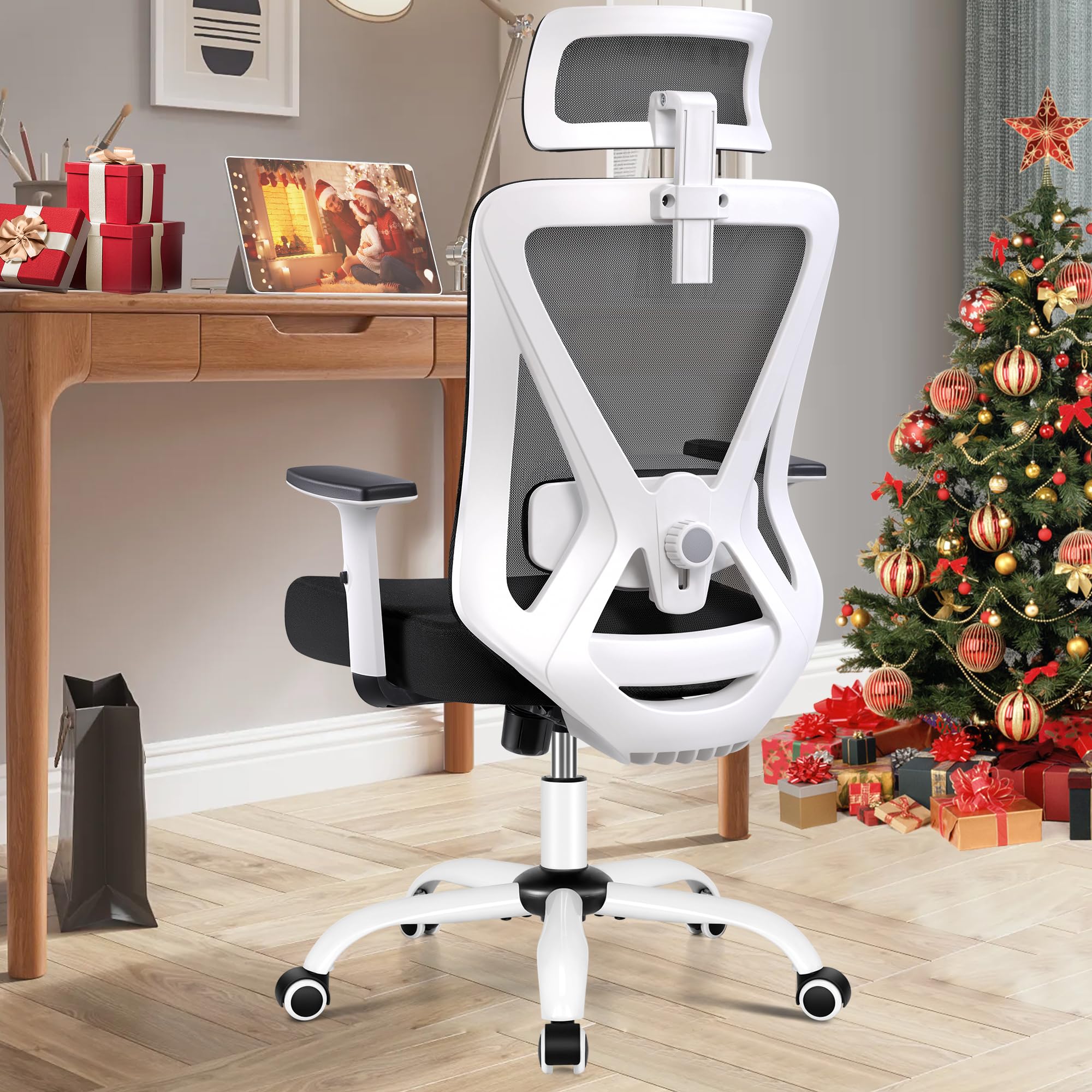 DoChair Silla Oficina Ergonómica, Silla Escritorio de Malla con Soporte Lumbar y reposabrazos Ajustables, Silla Giratoria Ejecutiva con Respaldo Alto y Cómodo para la Oficina en Casa Blanco