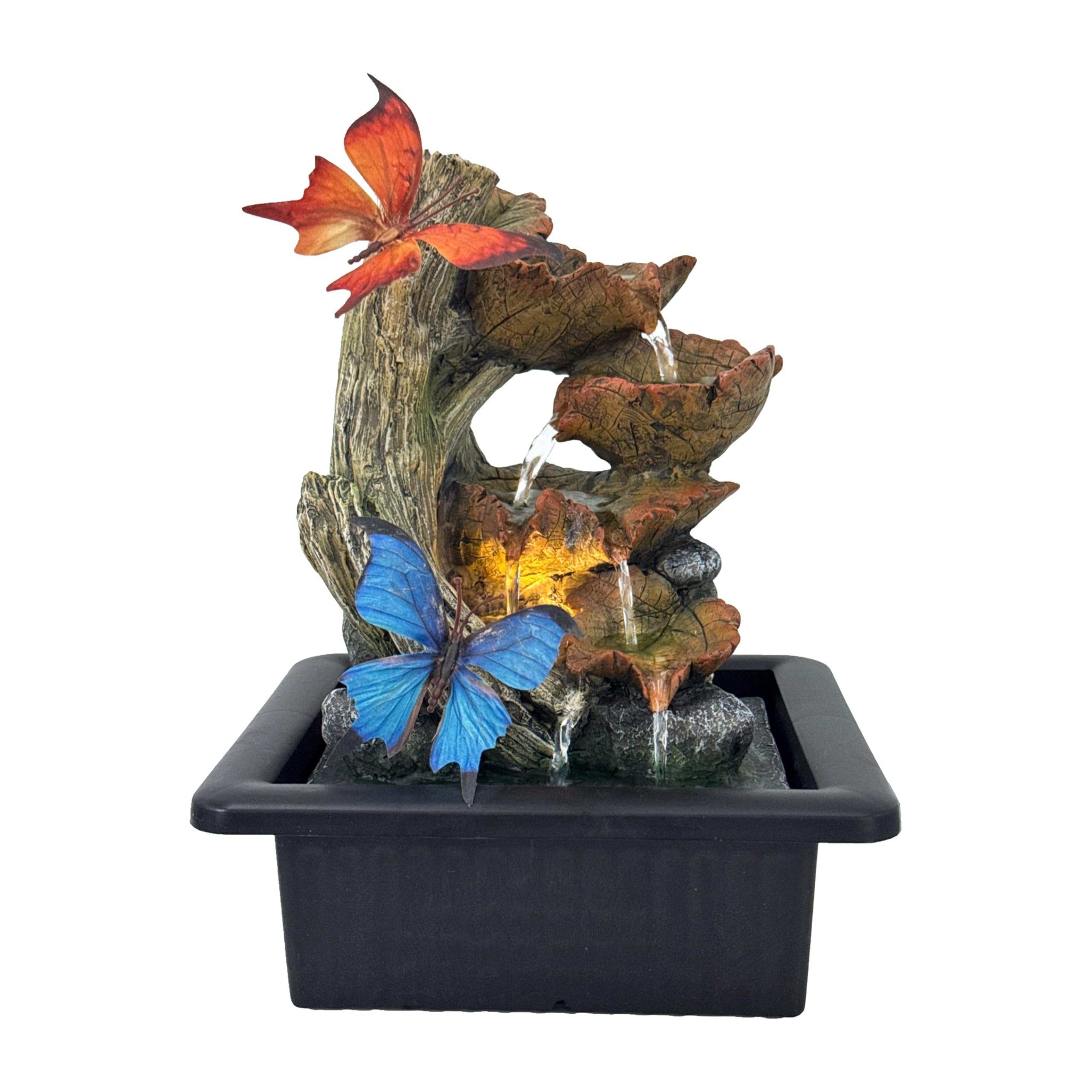 Autumn Flutters Indoor Tabletop Water Fountain with LED Light, USB Resin Butterfly Water Feature with Cascading Leaf Waterfall for Home, Office, Bedroom, Shelf & Nature Décor, 25cm