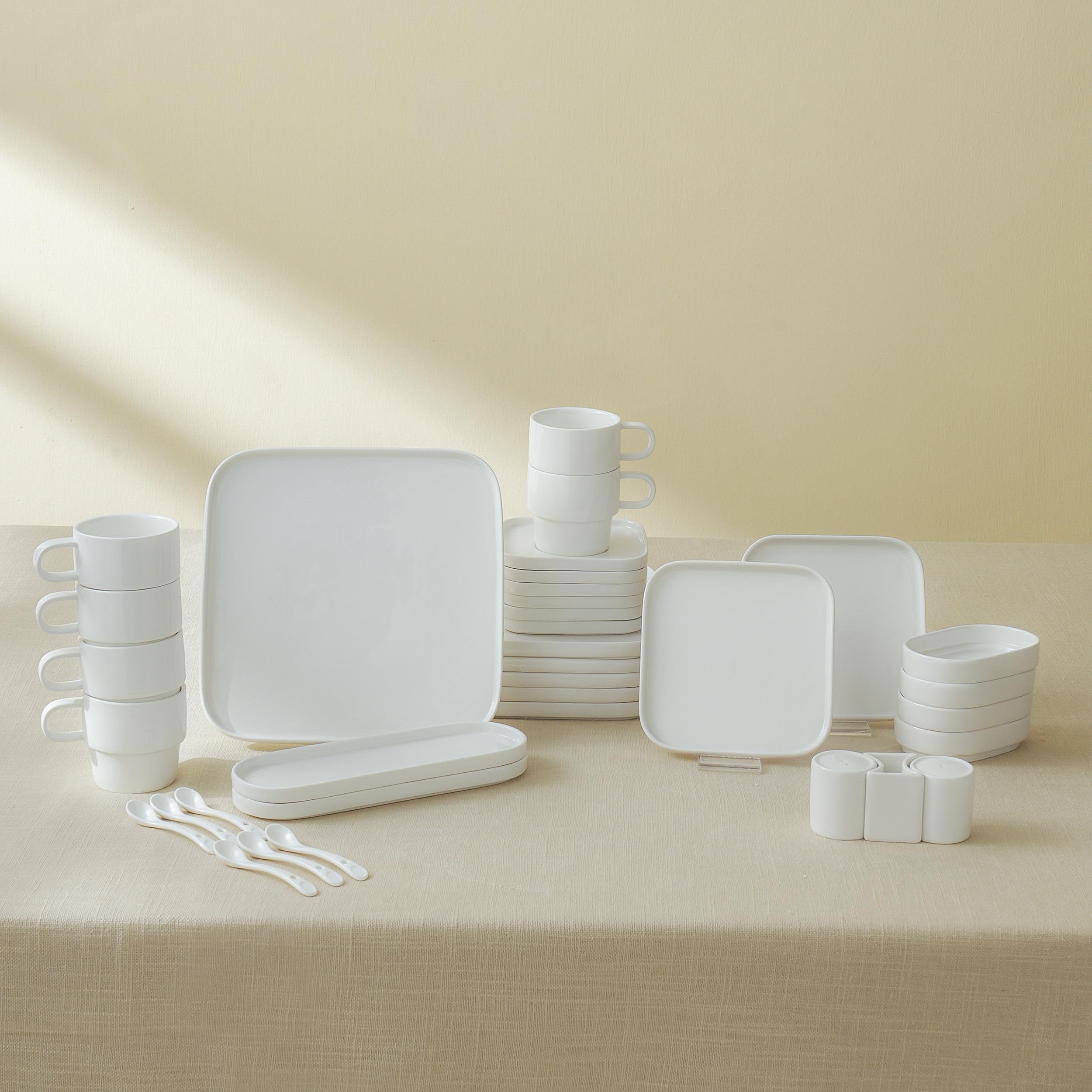 Karaca Cubique Breakfast Set, Square, 35-Piece Tea/Coffee Cup, Dinner Service White, 35-Piece Plate Set, Porcelain Dinner Service for 6 People, Tableware Set