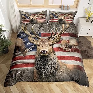 Castle Fairy American Flag Deer Bedding Comforters King Size, Brown Wildlife Animal and Trees Theme Comforter Set with 2 Pillowcases, Red Blue USA Flag Print Natural Quilt Set for Girls Teens Present