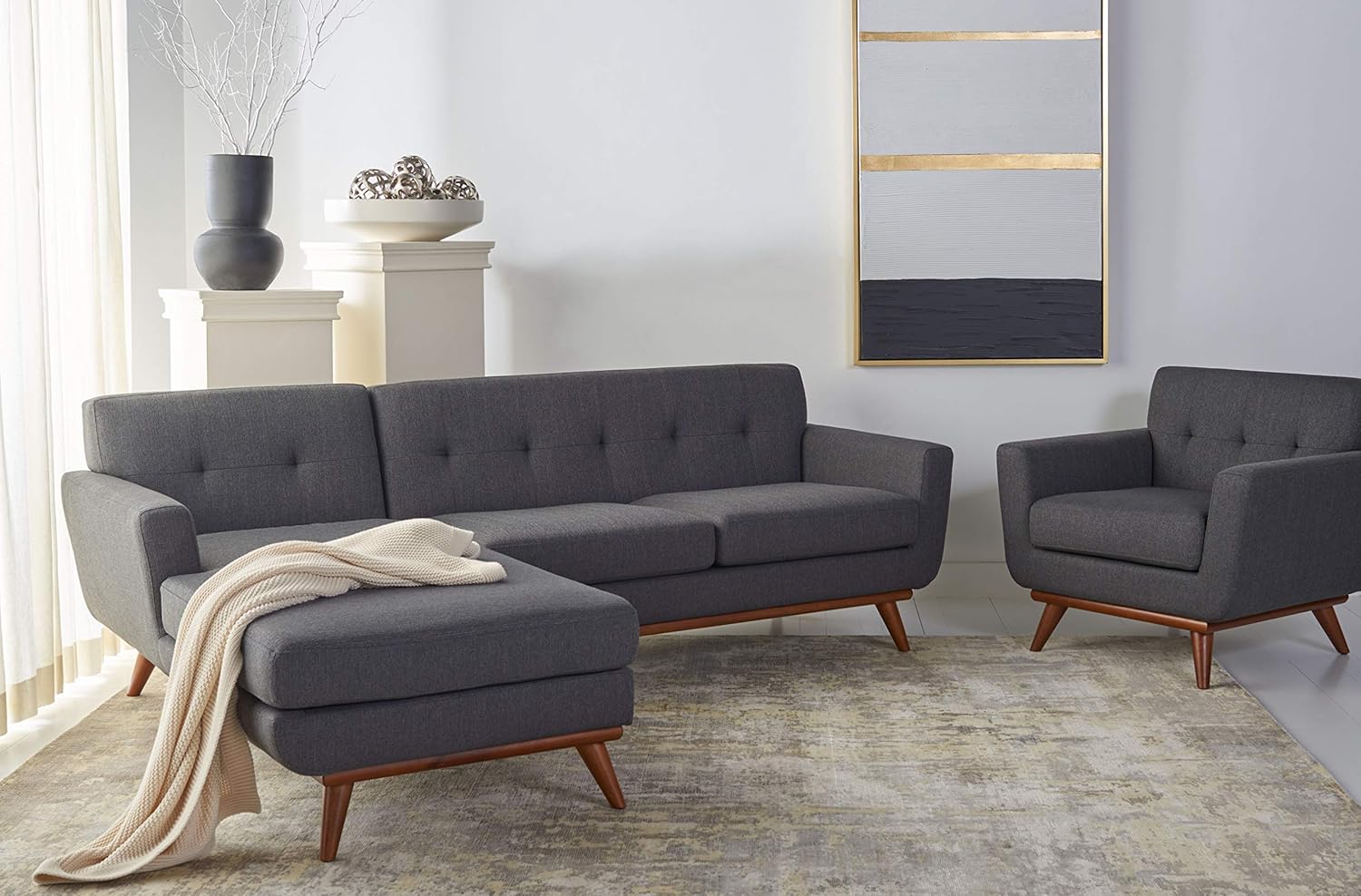 Safavieh Couture Home Opal Mid-Century Slate Grey Linen Tufted Arm Chair