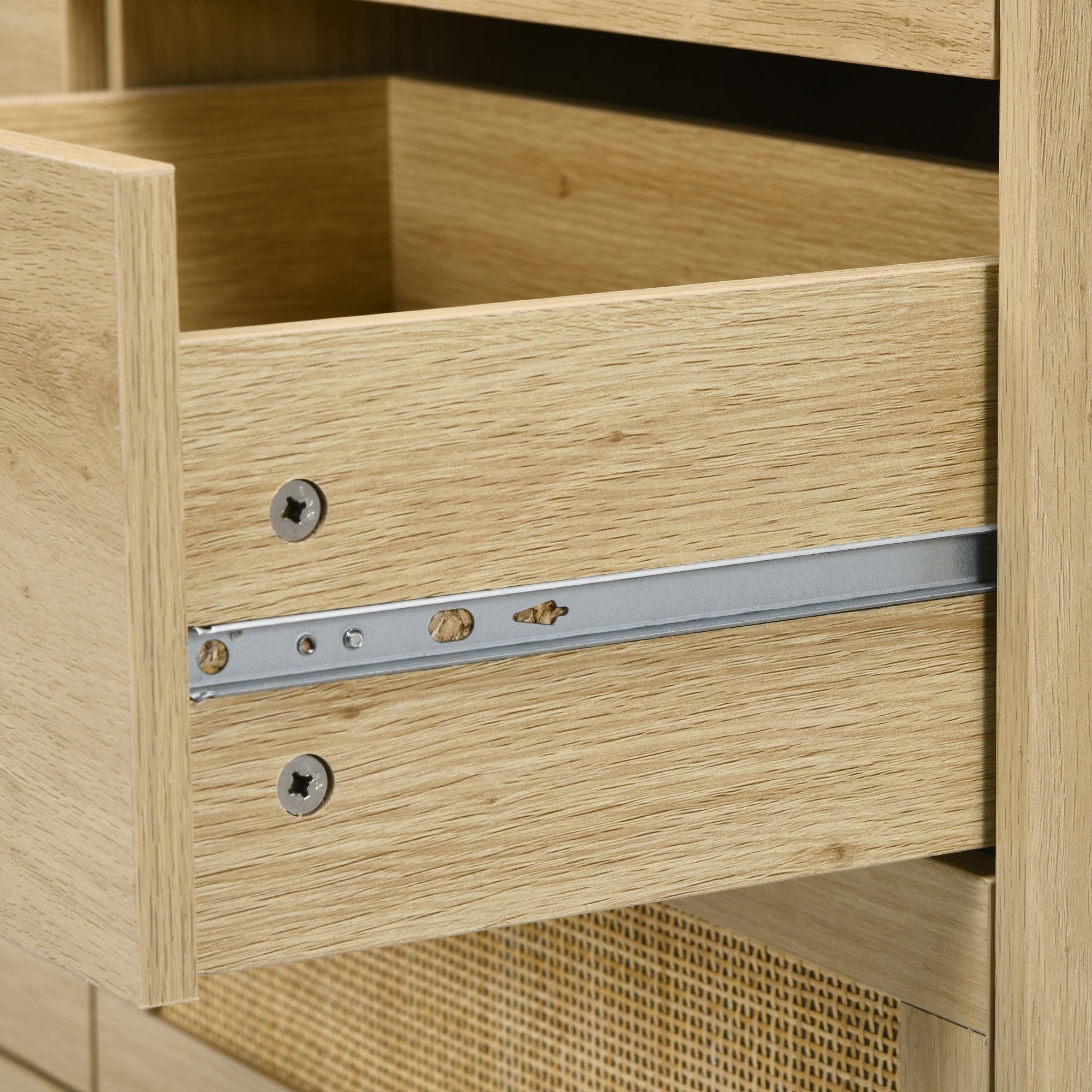 HOMCOM Commode 6 Tiroirs Commode Bois 110 x 40 x 69 cm Chêne | Meuble de Rangement, Style Bohème, Commode en Rotin, Chambre à Coucher, Salon, Entrée