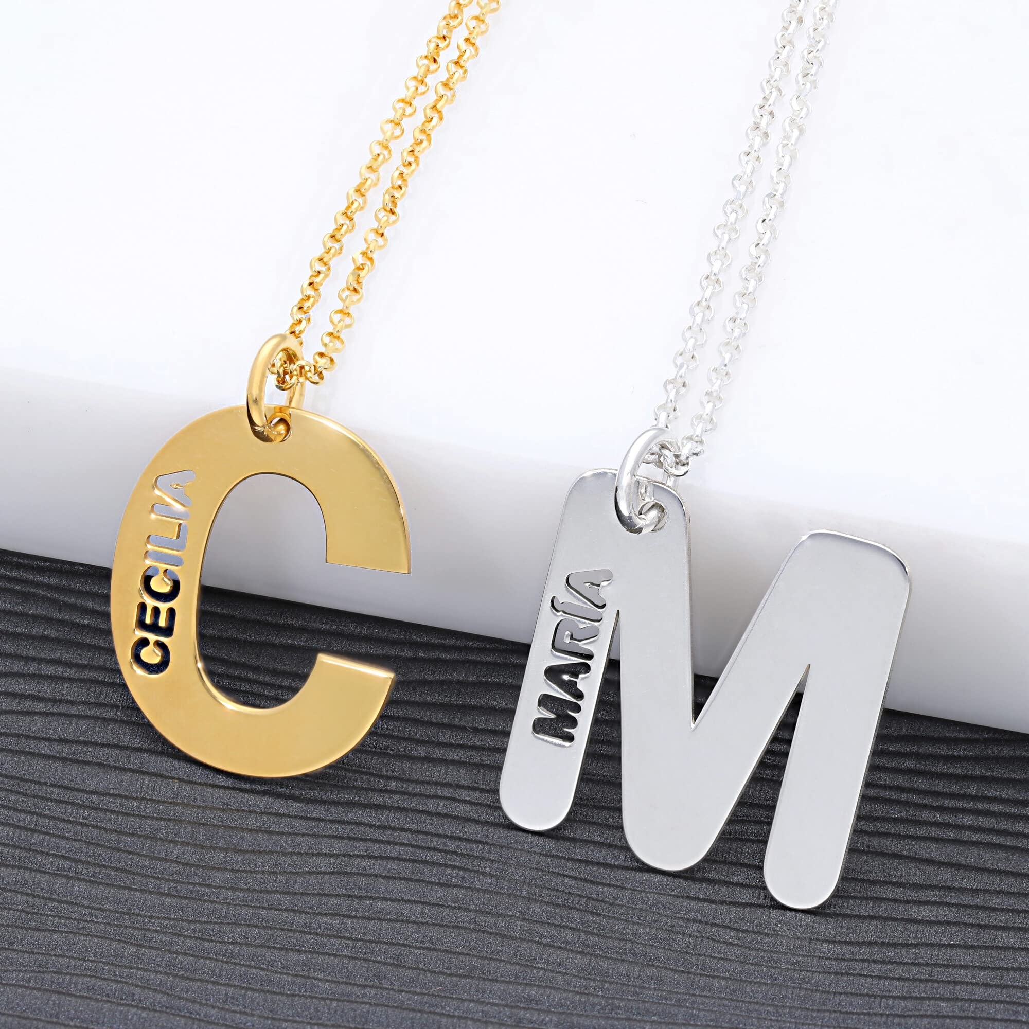 Colgante Inicial con Nombre Personalizado - Plata de Ley 925/1000 con Baño en Oro 18Kt para Mujer o Niña con Cadena Forzada en 45cm + Alargador - Collar con Letra