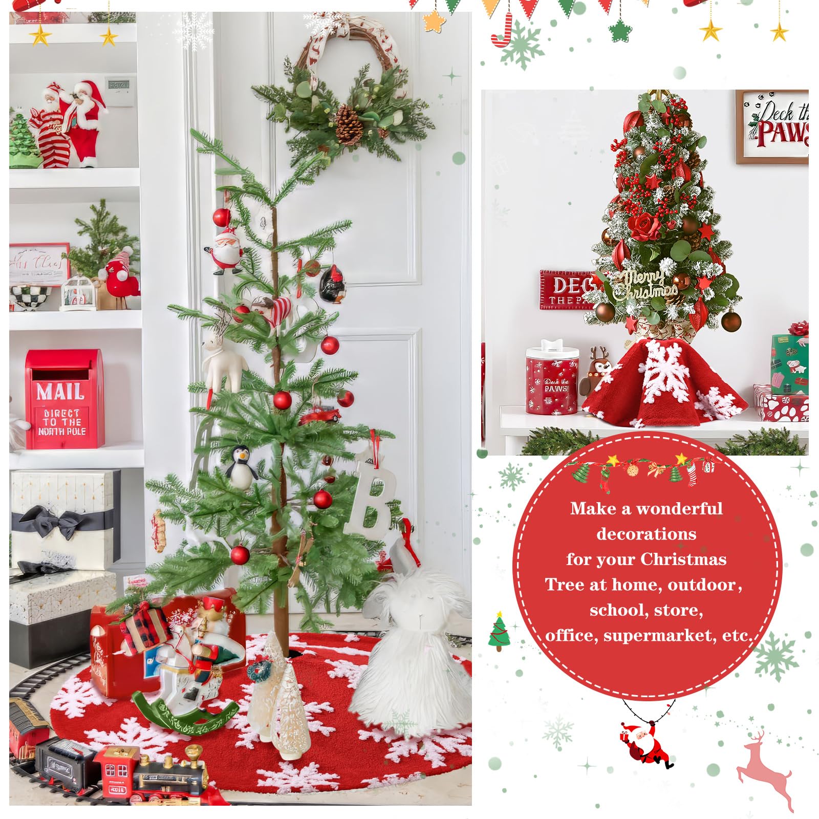 Gonna per albero di Natale in finta pelliccia, tappeto con albero rosso con paillettes dorate e fiocco di neve ricamate per Natale, inverno