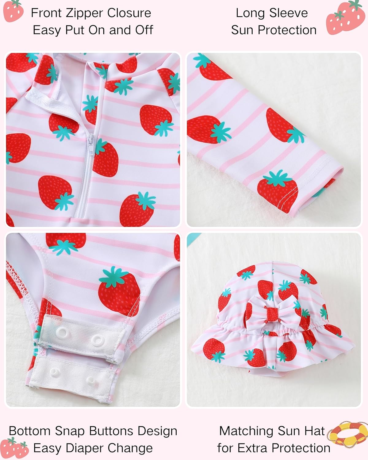 Baby Girl Swimsuit Summer One-Piece Infant Bathing Suit with Hat Long Sleeve Ruffle Zipper Rash Guard Beach Swimwear - Image 4