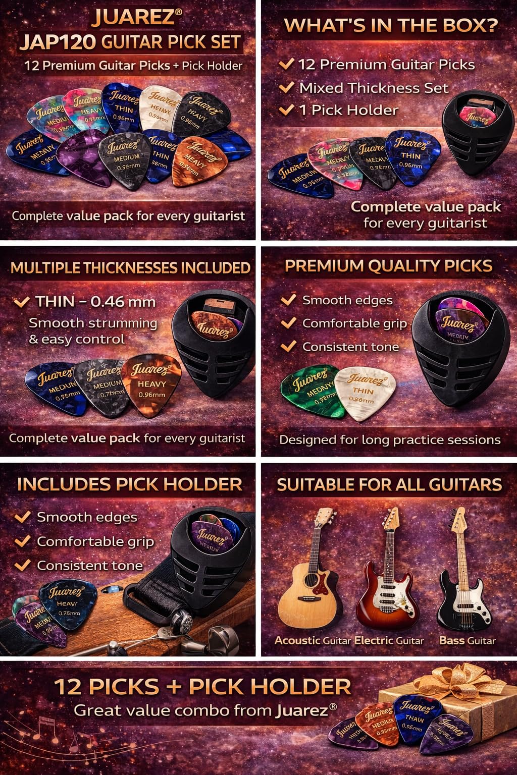 Juarez JAP120 Guitar Pick Set – 12 Premium Picks with 1 Pick Holder | Assorted Thickness (Thin, Medium, Heavy) for Acoustic, Electric & Bass Guitars | Durable, Colorful Picks with Holder — Amazon image 6