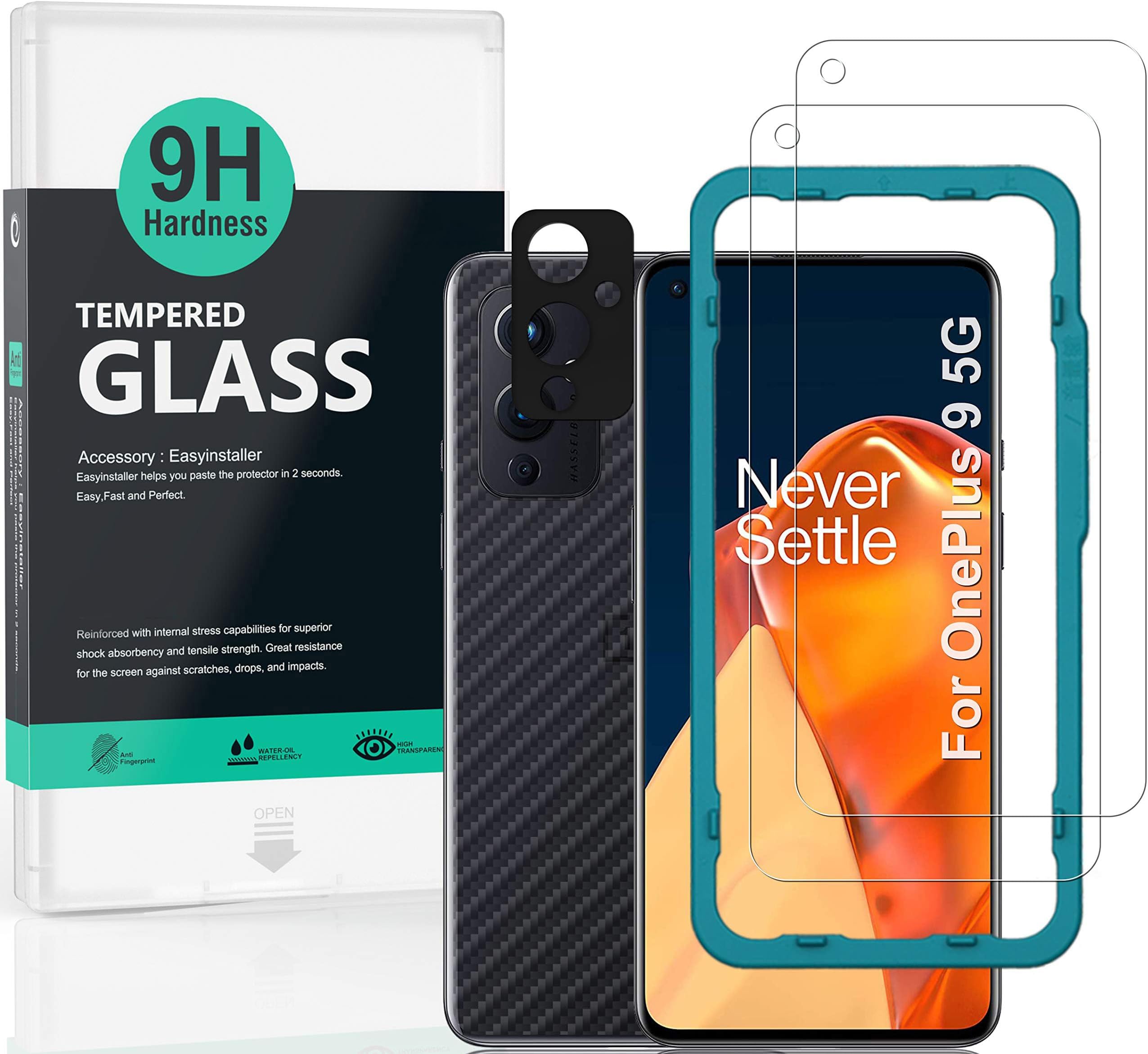 Ibywind Screen Protector For OnePlus 9 5G,with 2Pcs Tempered Glass,1Pc Camera Lens Protector,1Pc Backing Carbon Fiber Film [Fingerprint Reader,Easy to install]