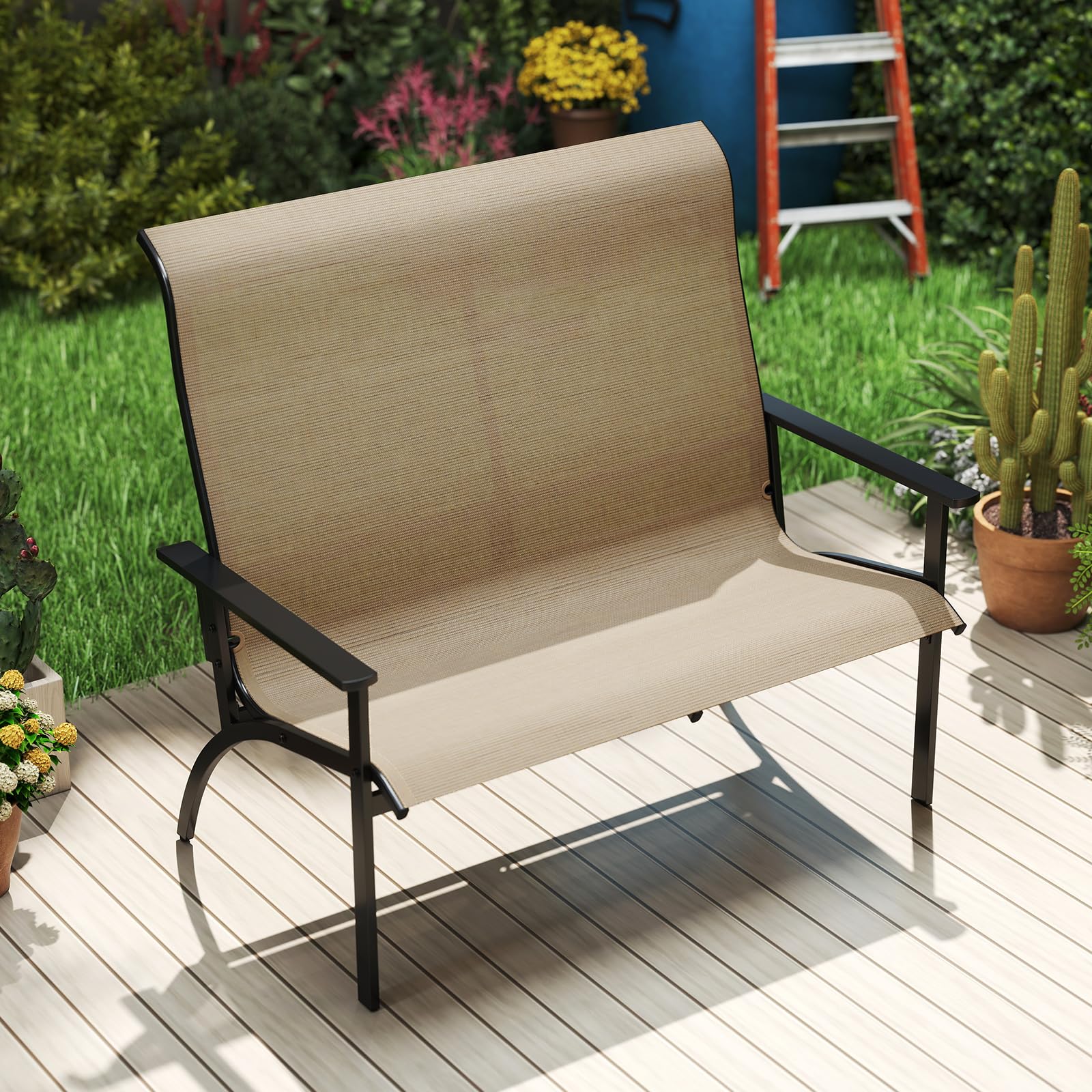 COSTWAY Sedia Esterno a 2 Posti, Panca da Giardino con Schienale Alto e Braccioli, Poltrona da Giardino a 2 Persone, per Terrazzo Patio Cortile, Portata 400 kg