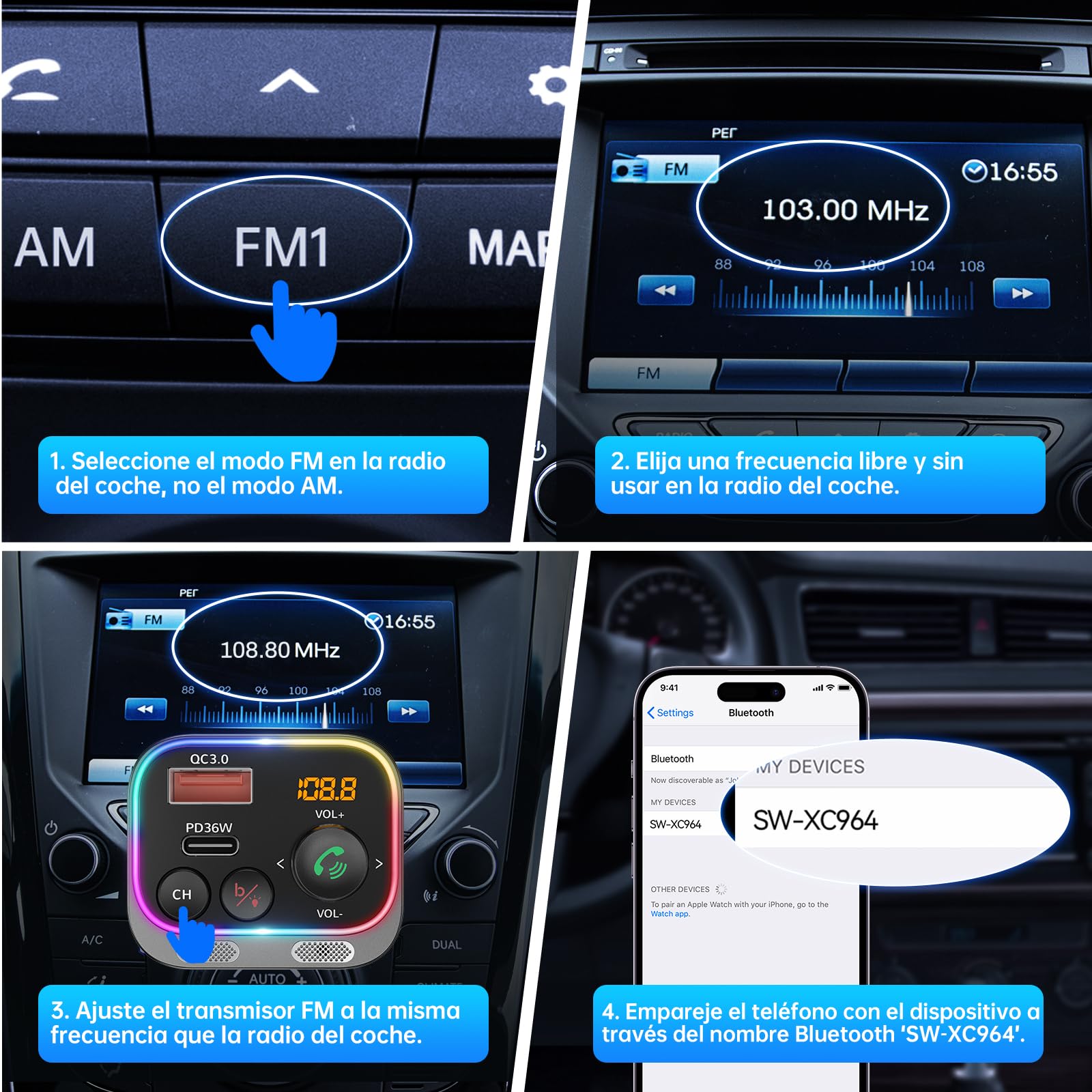 Syncwire Transmisor FM Bluetooth 5.4 54W PD&QC3.0 Cargador de Coche USB C [Micrófonos Duales & Sonido de Bajos HiFi] [Carga Rápida] [Interruptor de Luz] Receptor de Radio Llamadas Manos Libres