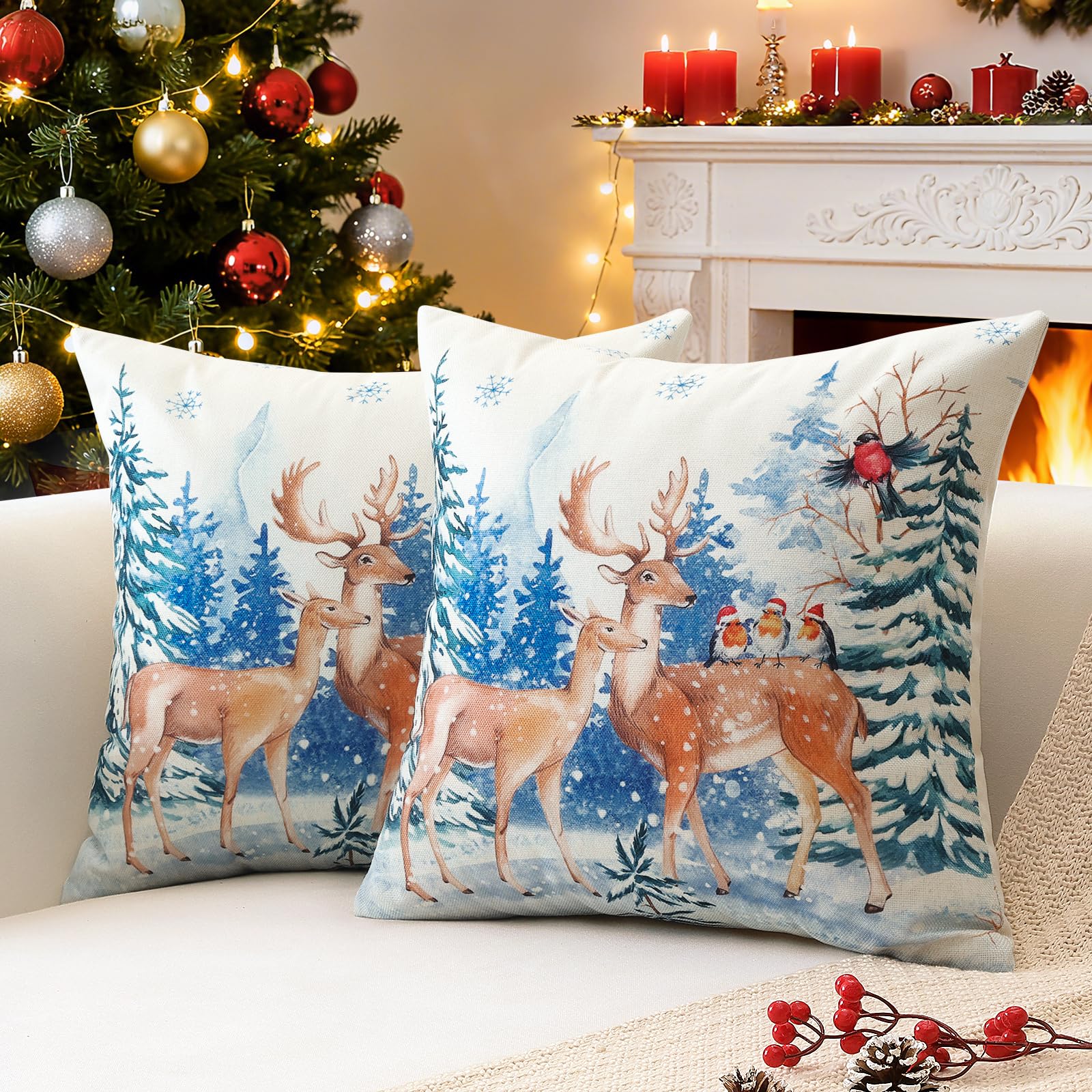 Sungeek Christmas Cushion Covers 50x50 cm Set of 2, Xmas Tree Elk Snowflakes Decorative Pillow Covers Winter Holiday Throw Pillow Cases for Sofa Couch Bedroom Living Room