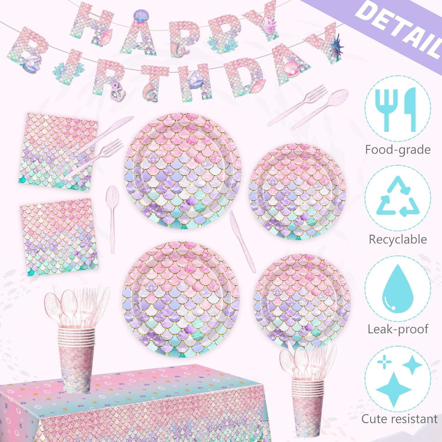 403 Pcs Mermaid Birthday Party Decoration for 50, Mermaid Paper Plates Napkins Cups Tablecloth Cutlery Banner Under the Sea Tableware Set for Baby Shower Ocean Birthday Party Supplies